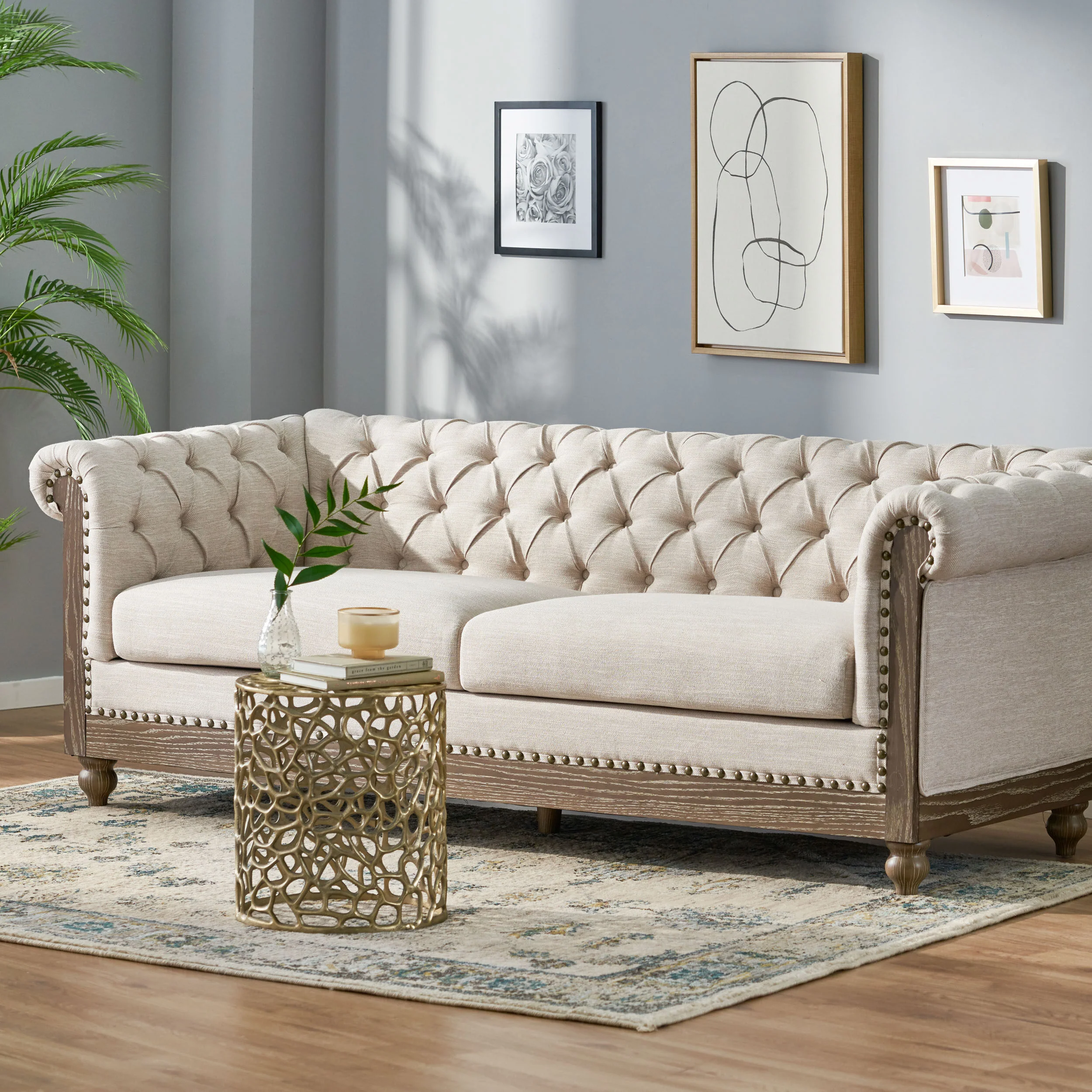 Kinzie Chesterfield Tufted Fabric 3 Seater Sofa with Nailhead Trim - furnishings