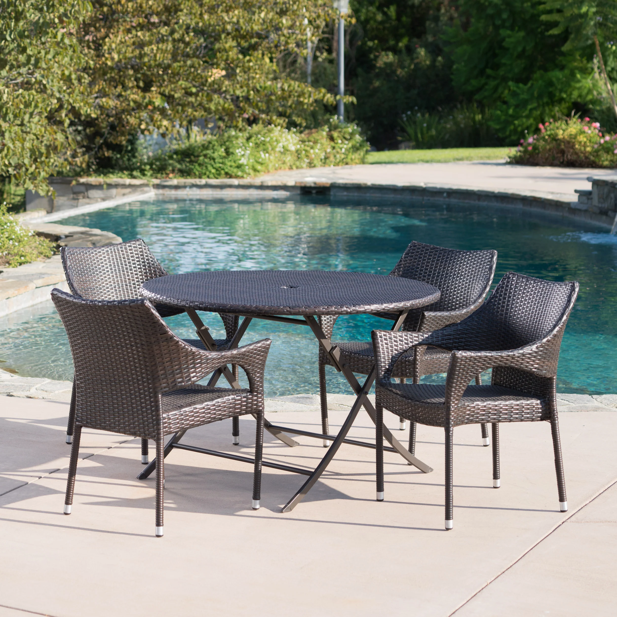 Kara Outdoor 5-Piece Multi-Brown Wicker Dining Set with Foldable Table - furnishings