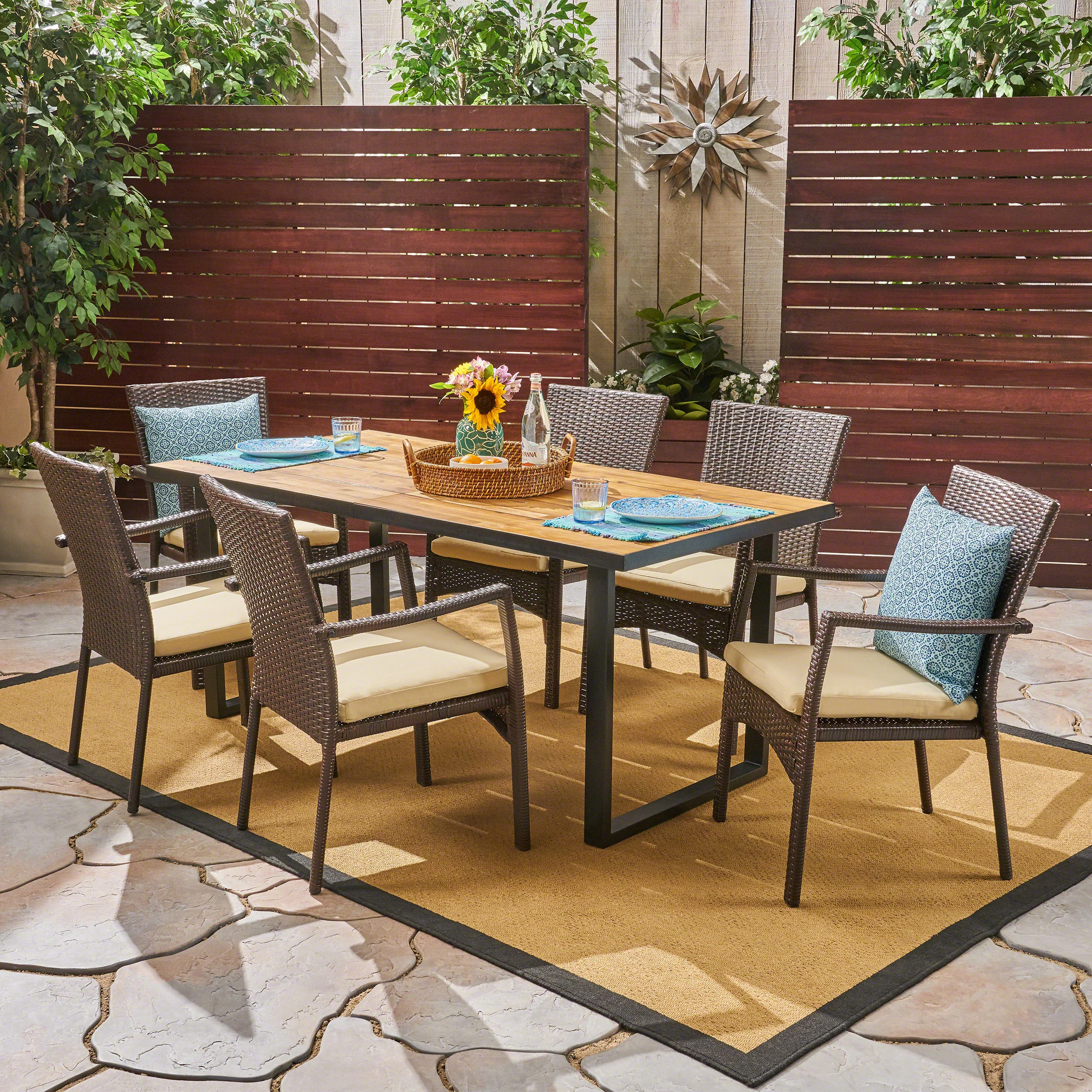 Perlestl Outdoor 6-Seater Rectangular Acacia Wood and Wicker Dining Set, Teak with Black and Brown with Cream - furnishings