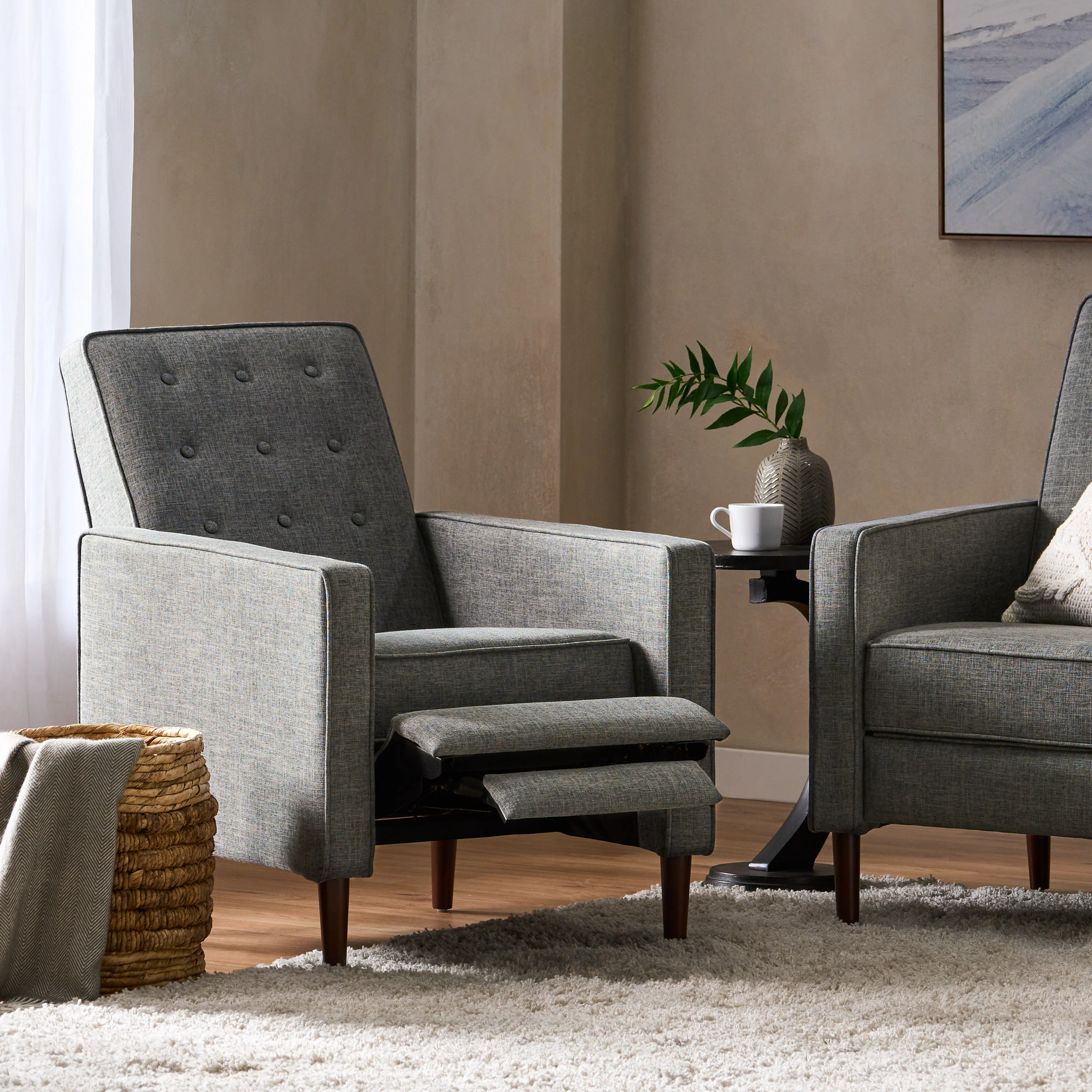 Macedonia Mid Century Modern Tufted Back Fabric Recliner - furnishings