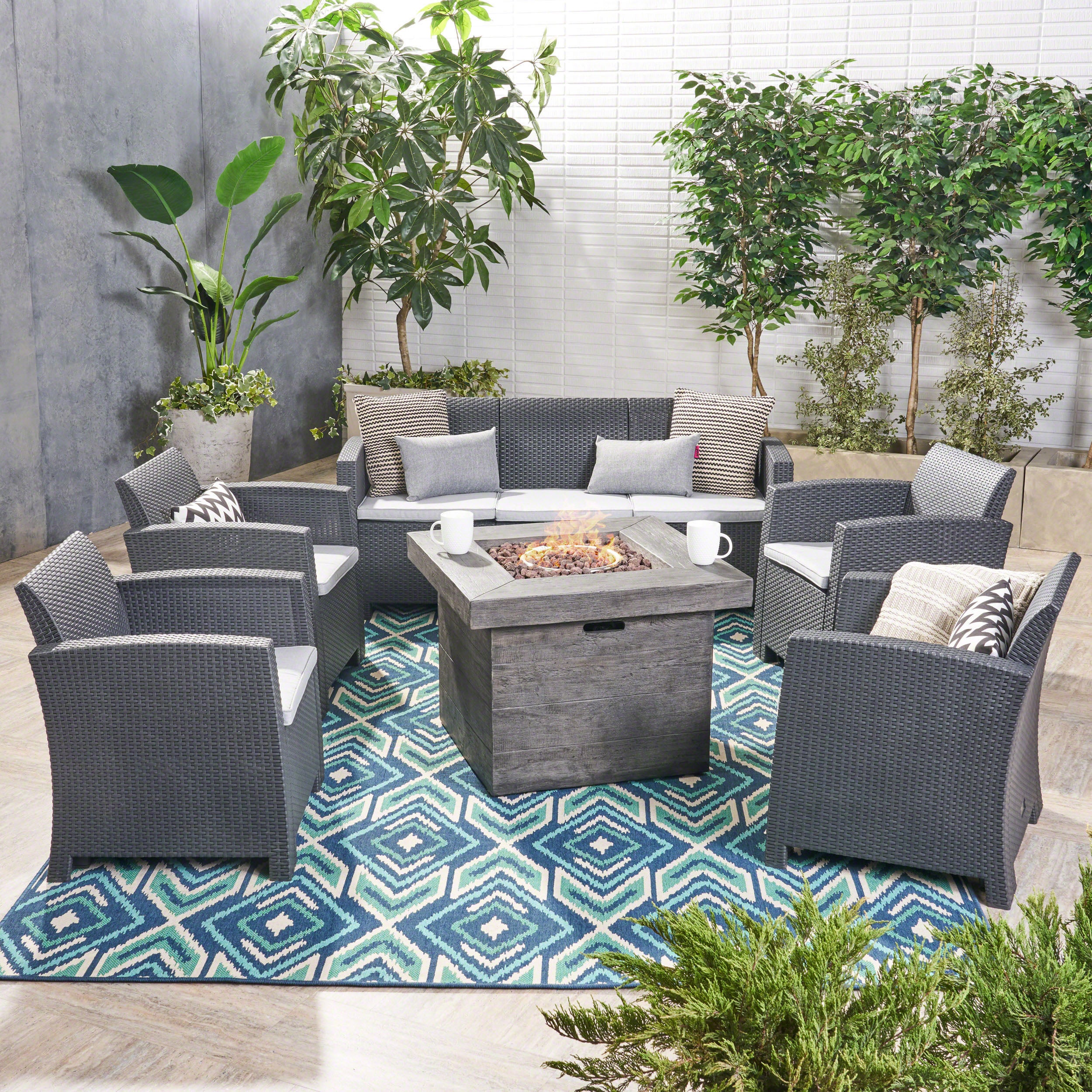 Peter Outdoor 7-Seater Chat Set with Fire Pit - furnishings