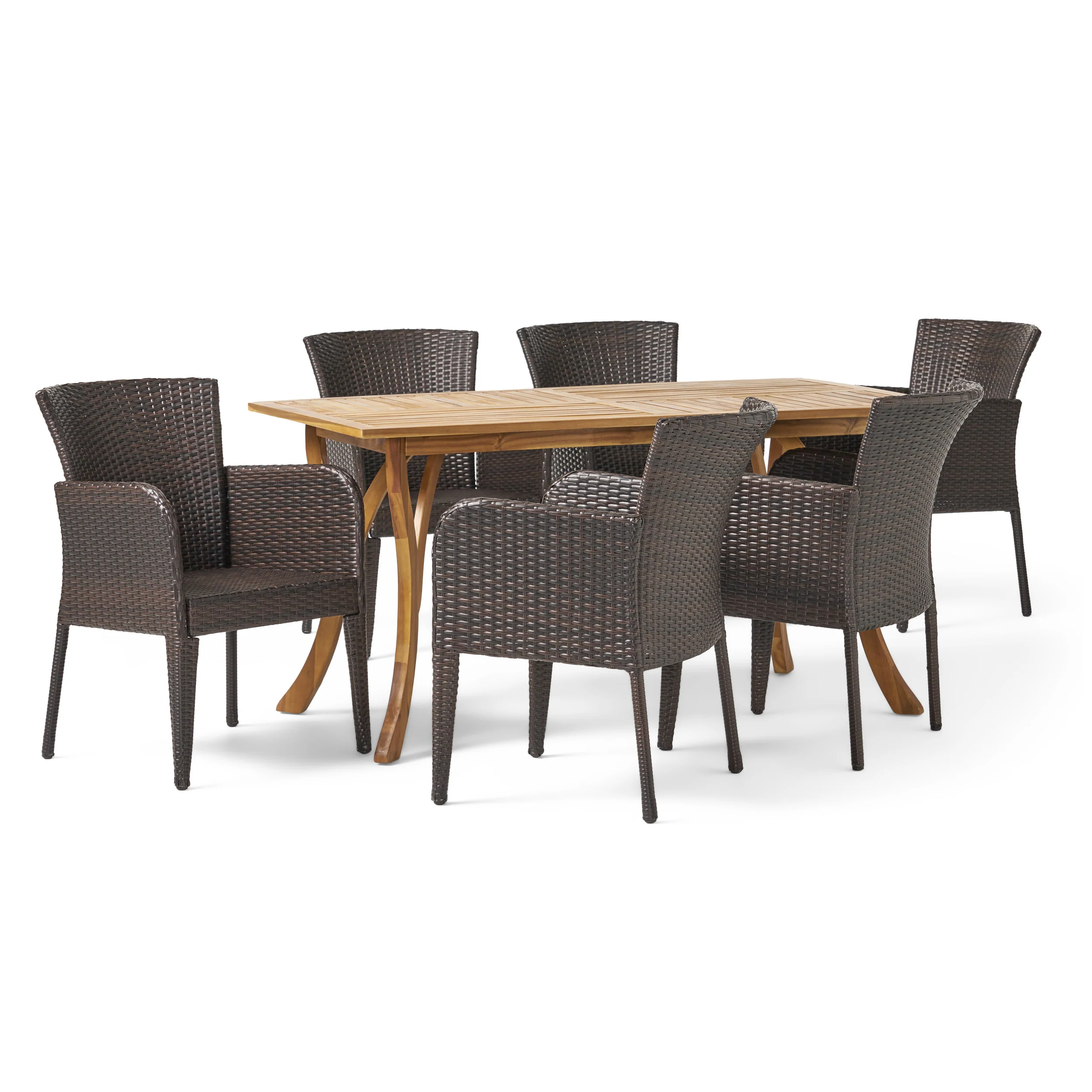 Helton Outdoor 7-Piece Multi-Brown Wicker Dining Set with Teak Acacia Wood Table - furnishings