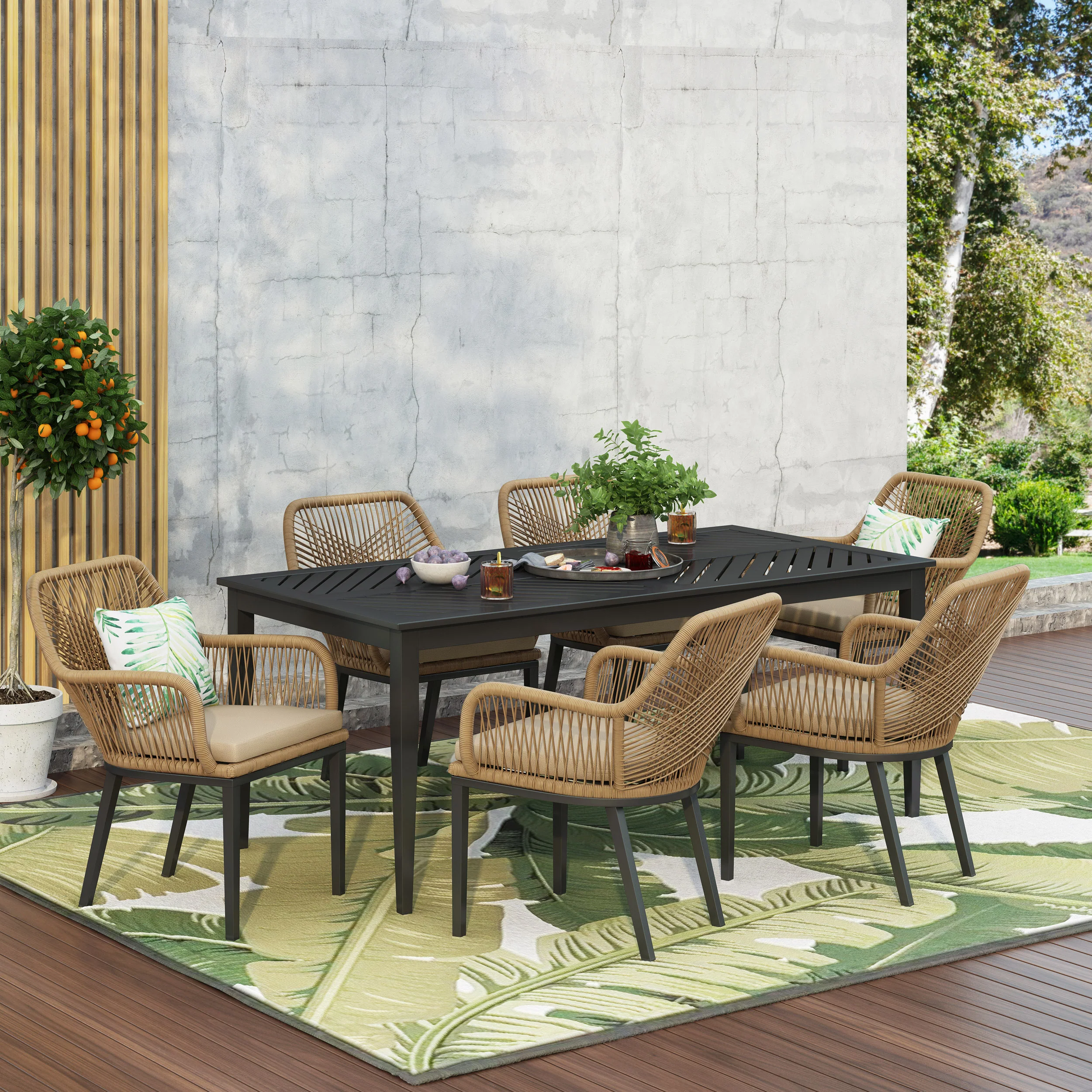 Fromberg Outdoor Wicker 7 Piece Dining Set with Cushion, Matte Black, Light Brown, and Beige - furnishings
