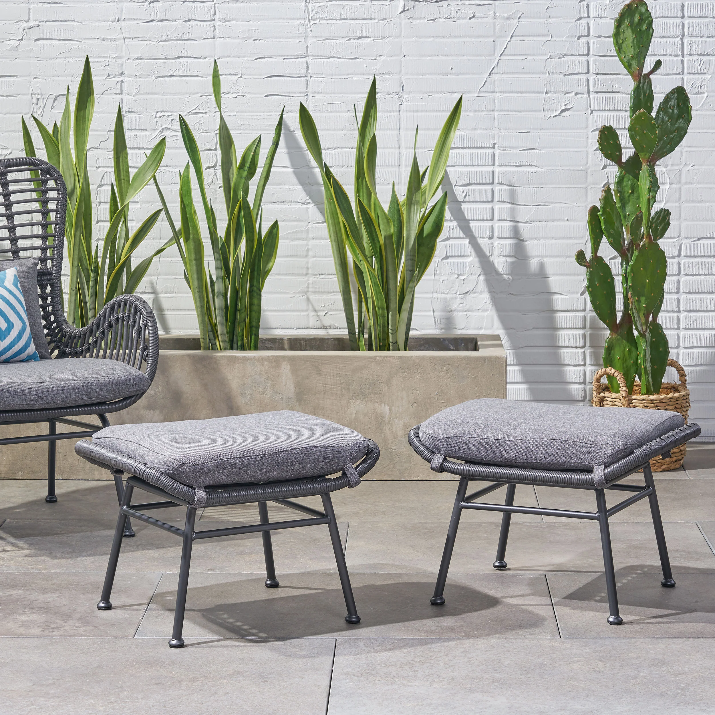 Gloria Outdoor Modern Boho Wicker Ottoman (Set of 2) - furnishings