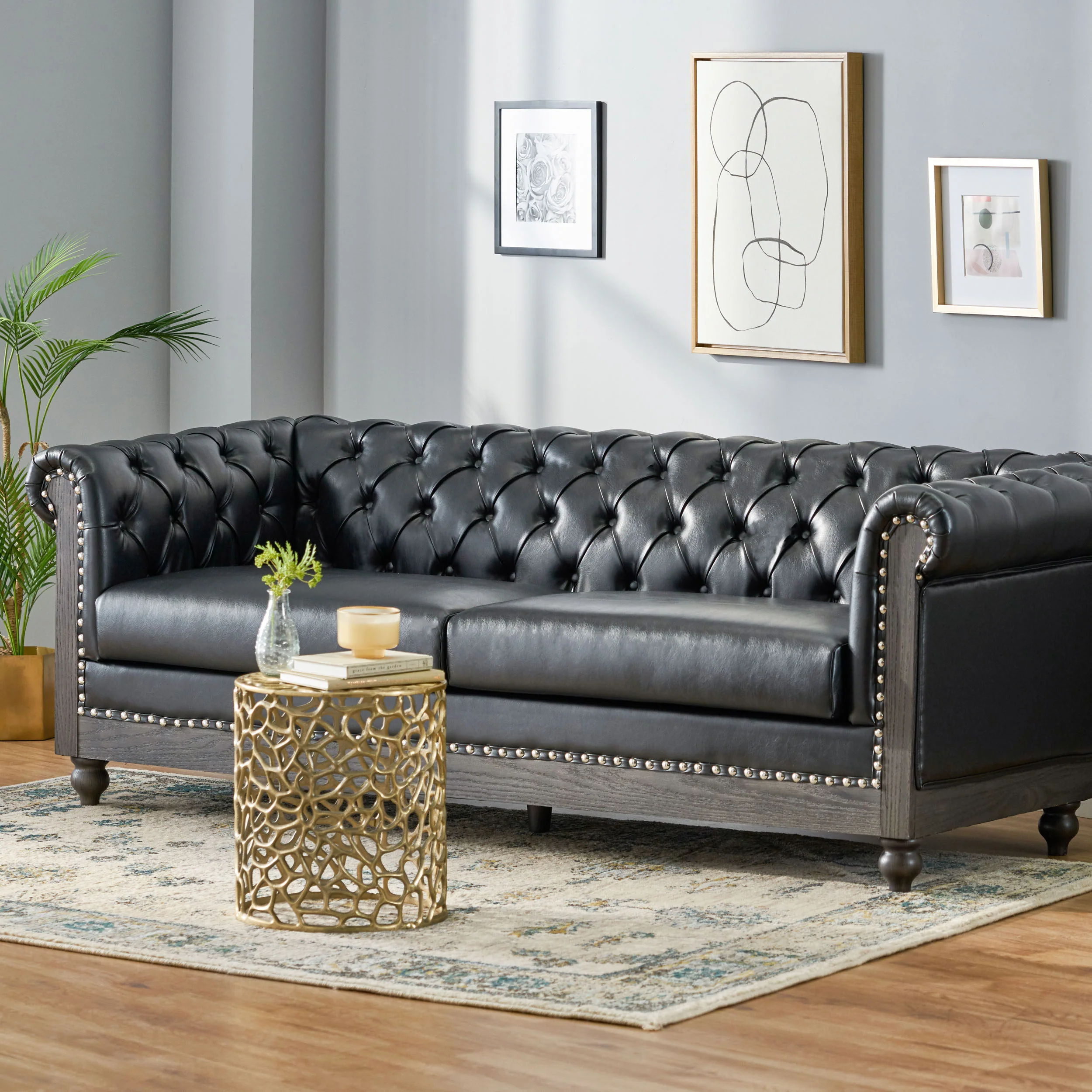 Kinzie Chesterfield Tufted 3 Seater Sofa with Nailhead Trim - furnishings
