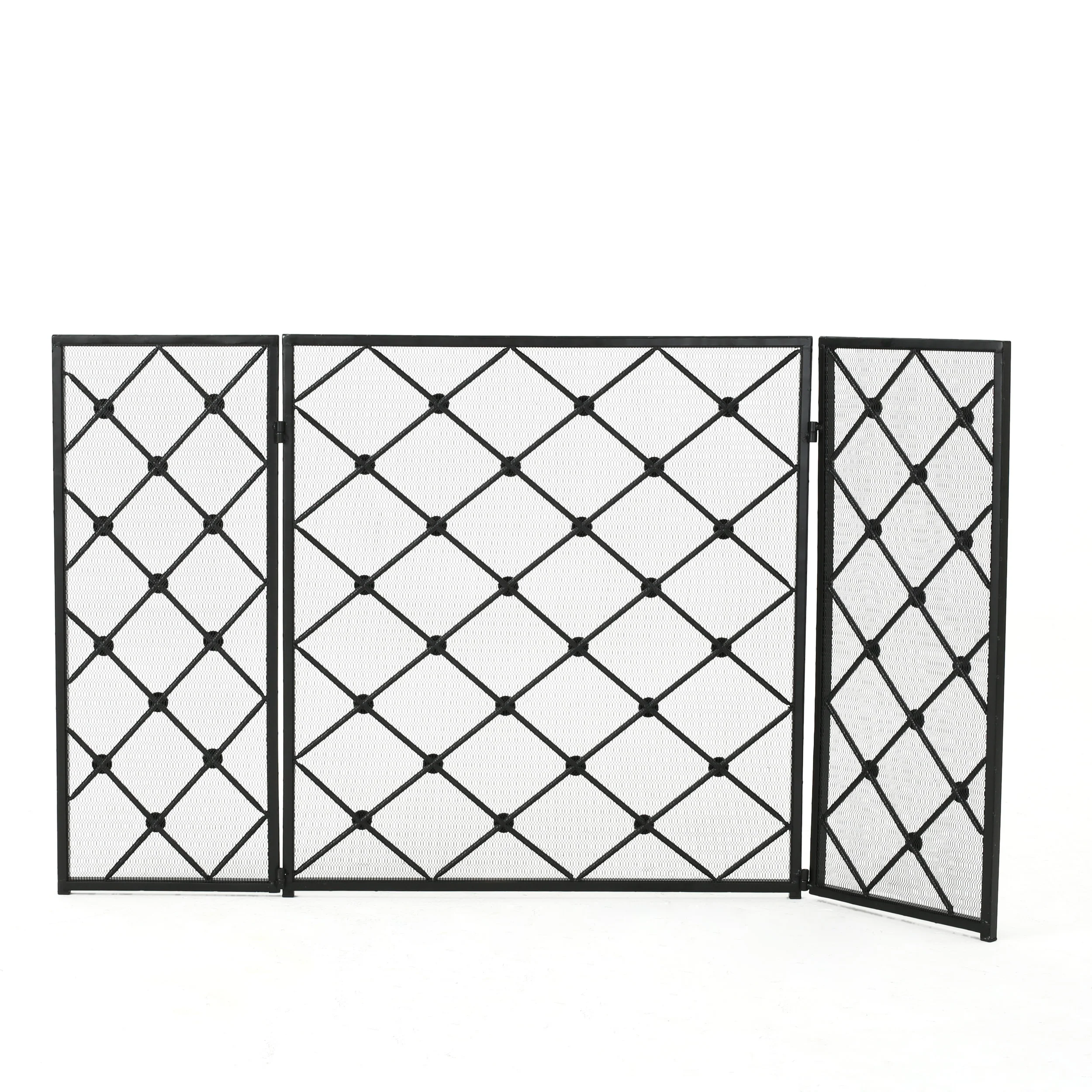 Chamberlain Modern 3-Panel Diamond Pattern Iron Fireplace Screen - furnishings
