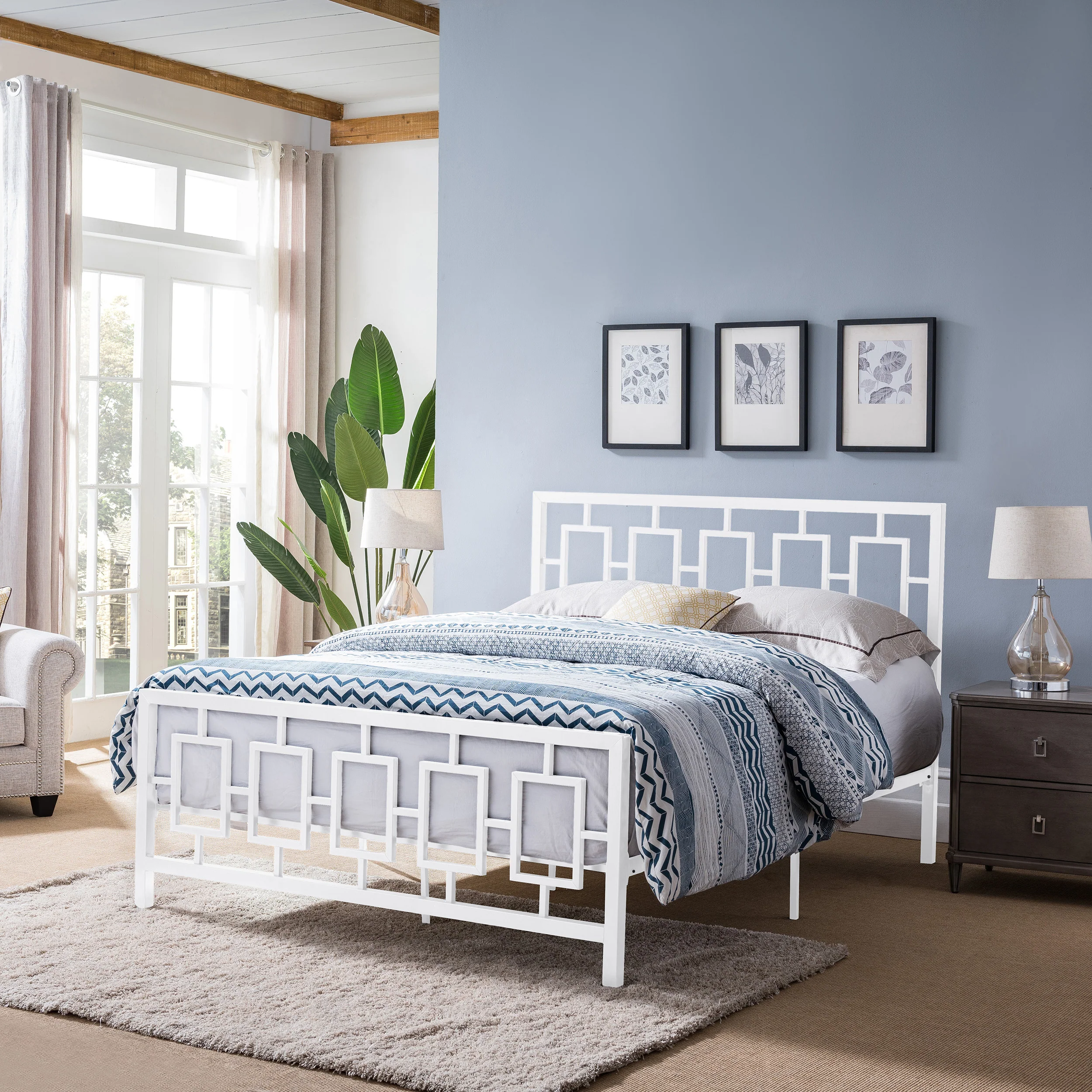 Dawn Queen-Size Geometric Platform Bed Frame, Iron, Modern, Low-Profile - furnishings