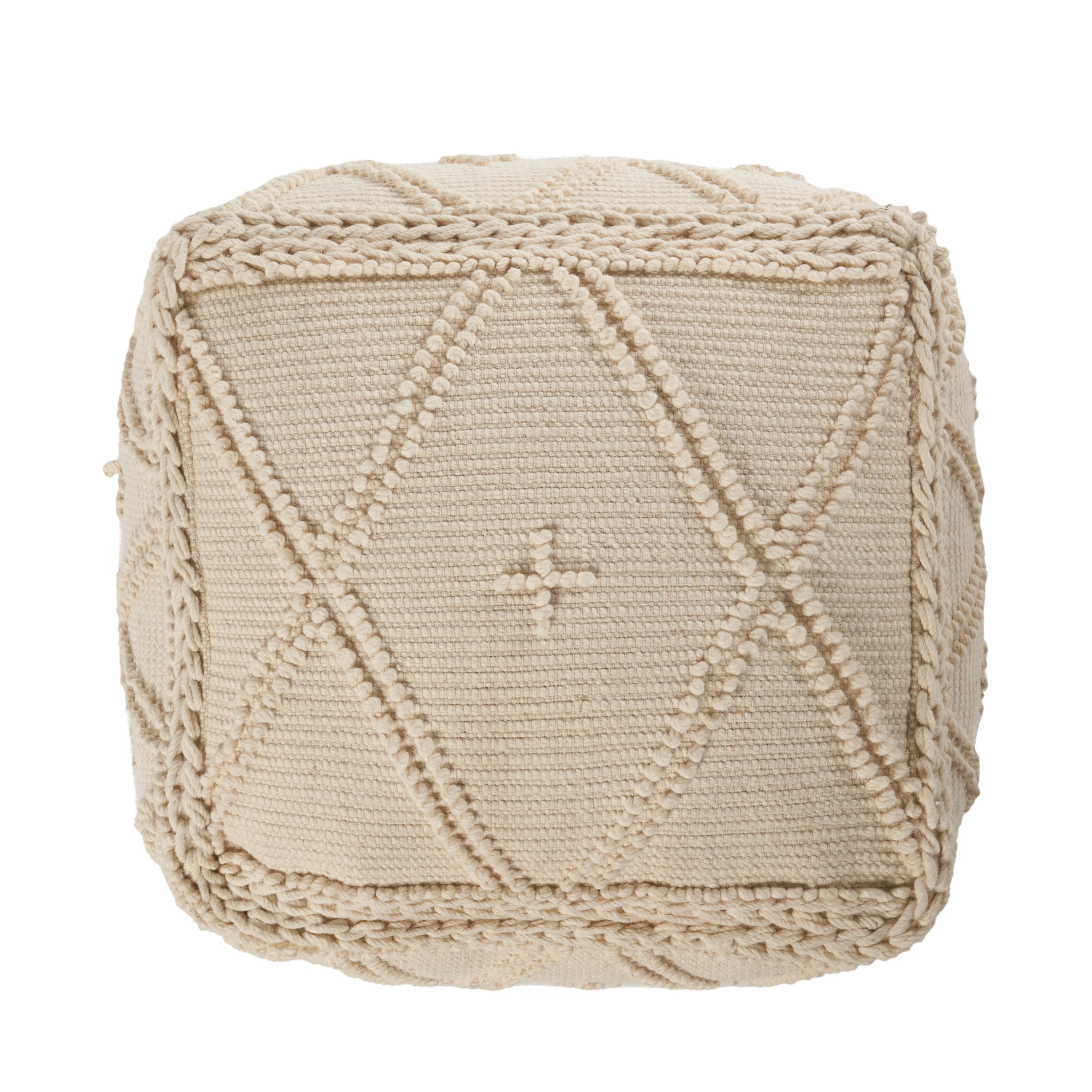 Nina Large Square Casual Pouf, Boho, White Wool and Cotton - furnishings