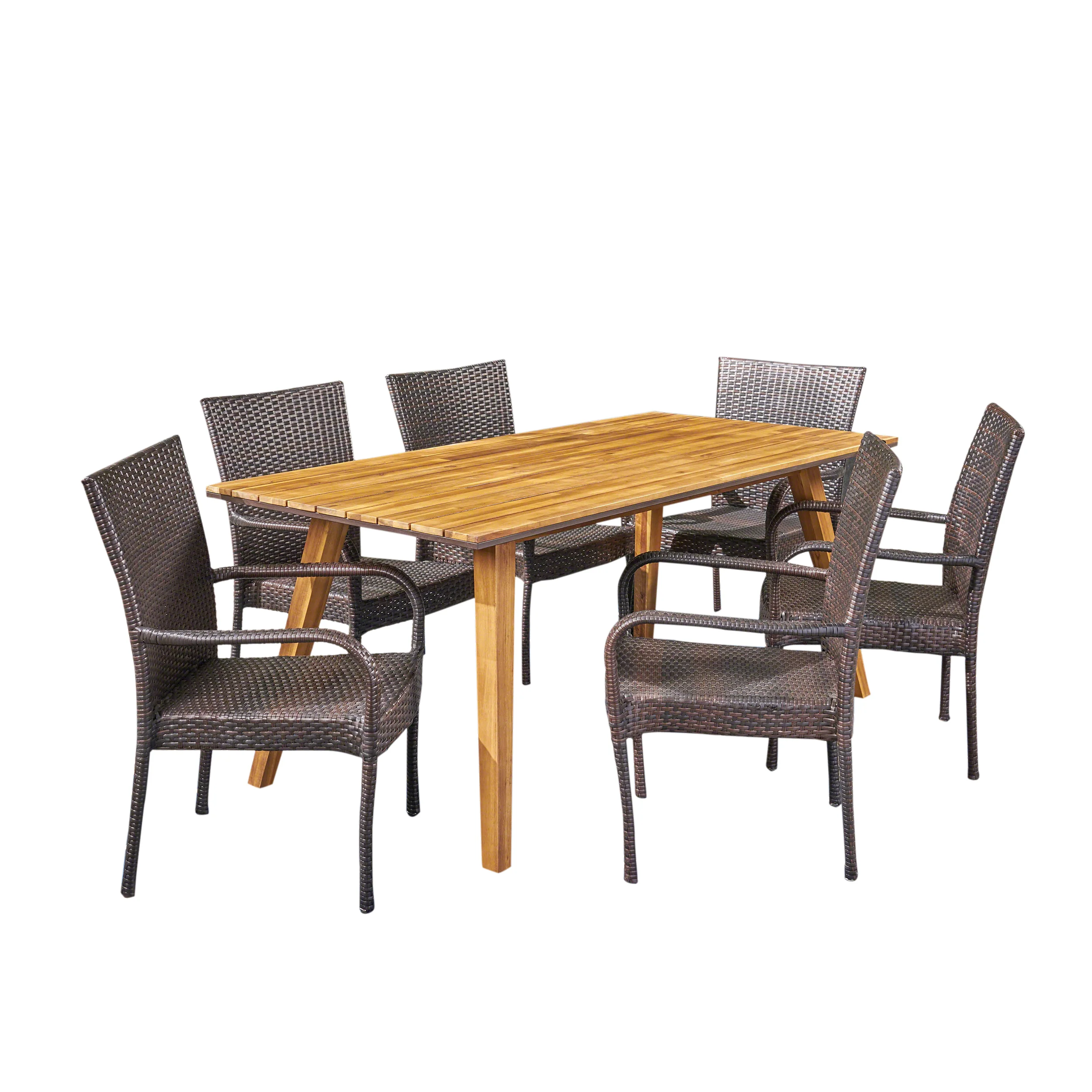 Lilith Outdoor 7 Piece Acacia Wood Dining Set with Stacking Wicker Chairs, Teak and Gray - furnishings
