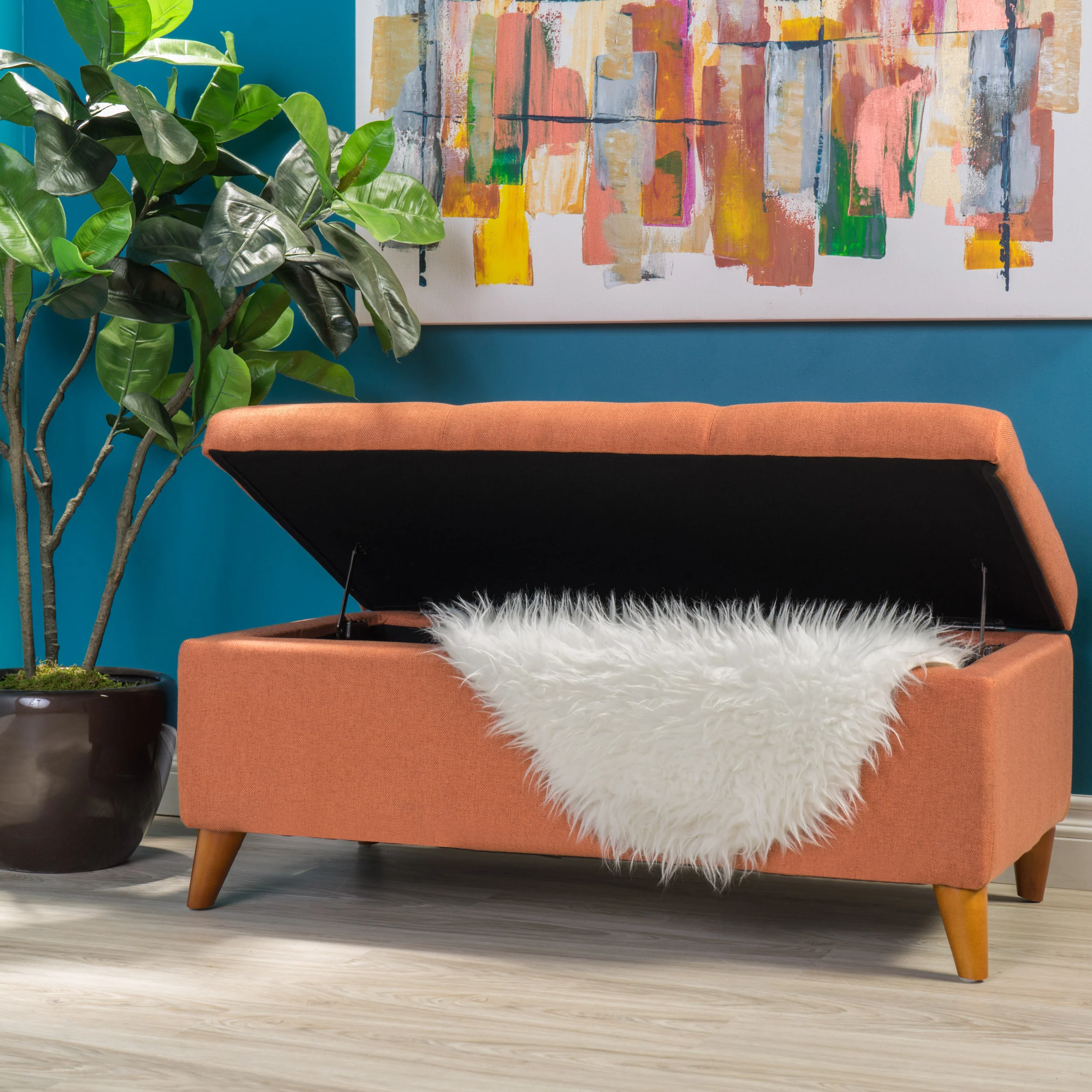 Etoney Mid-Century Modern Button Tufted Fabric Storage Ottoman Bench - furnishings