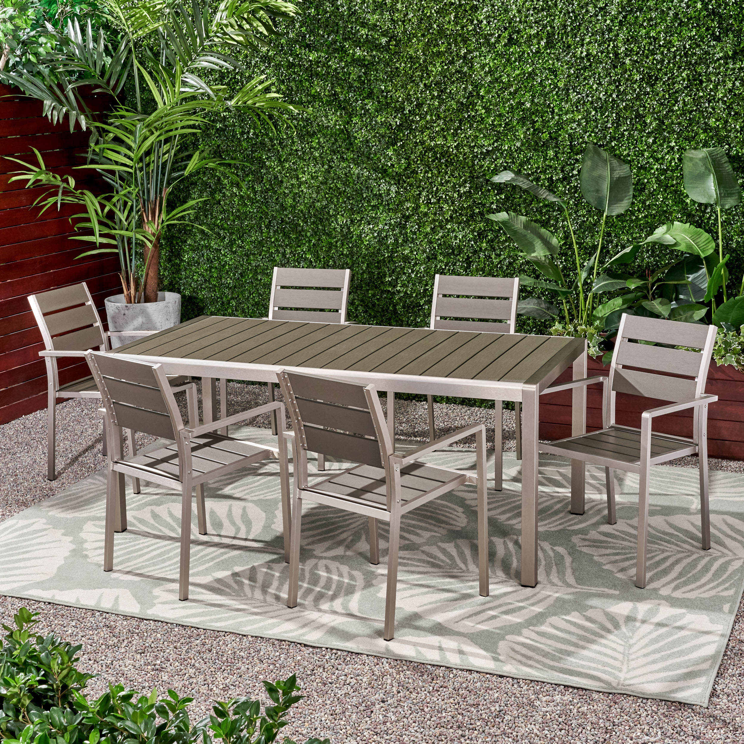 Cherie Outdoor Modern Aluminum and Faux Wood 6 Seater Dining Set - furnishings