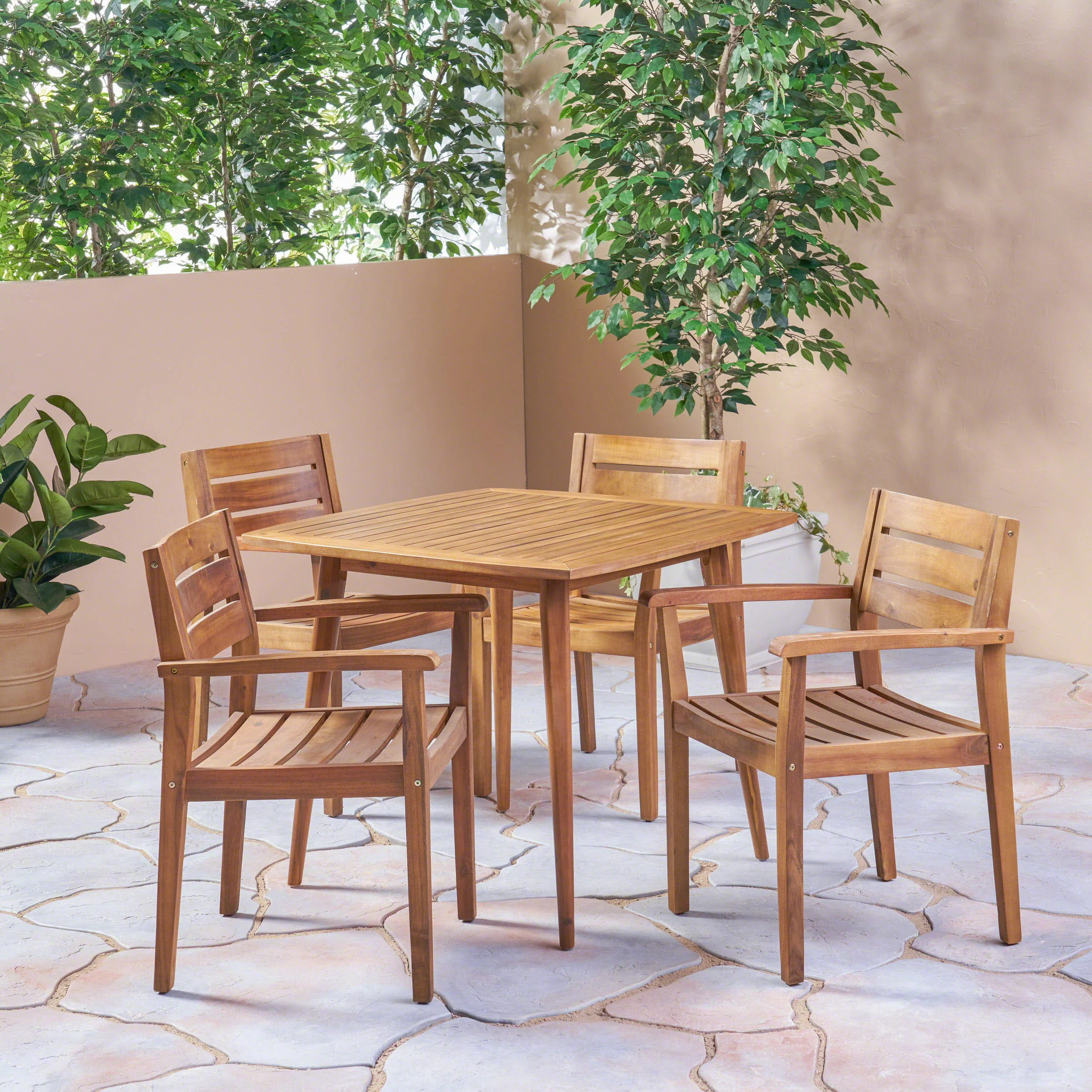 Solomon Outdoor 5 Piece Acacia Wood Dining Set, Teak - furnishings