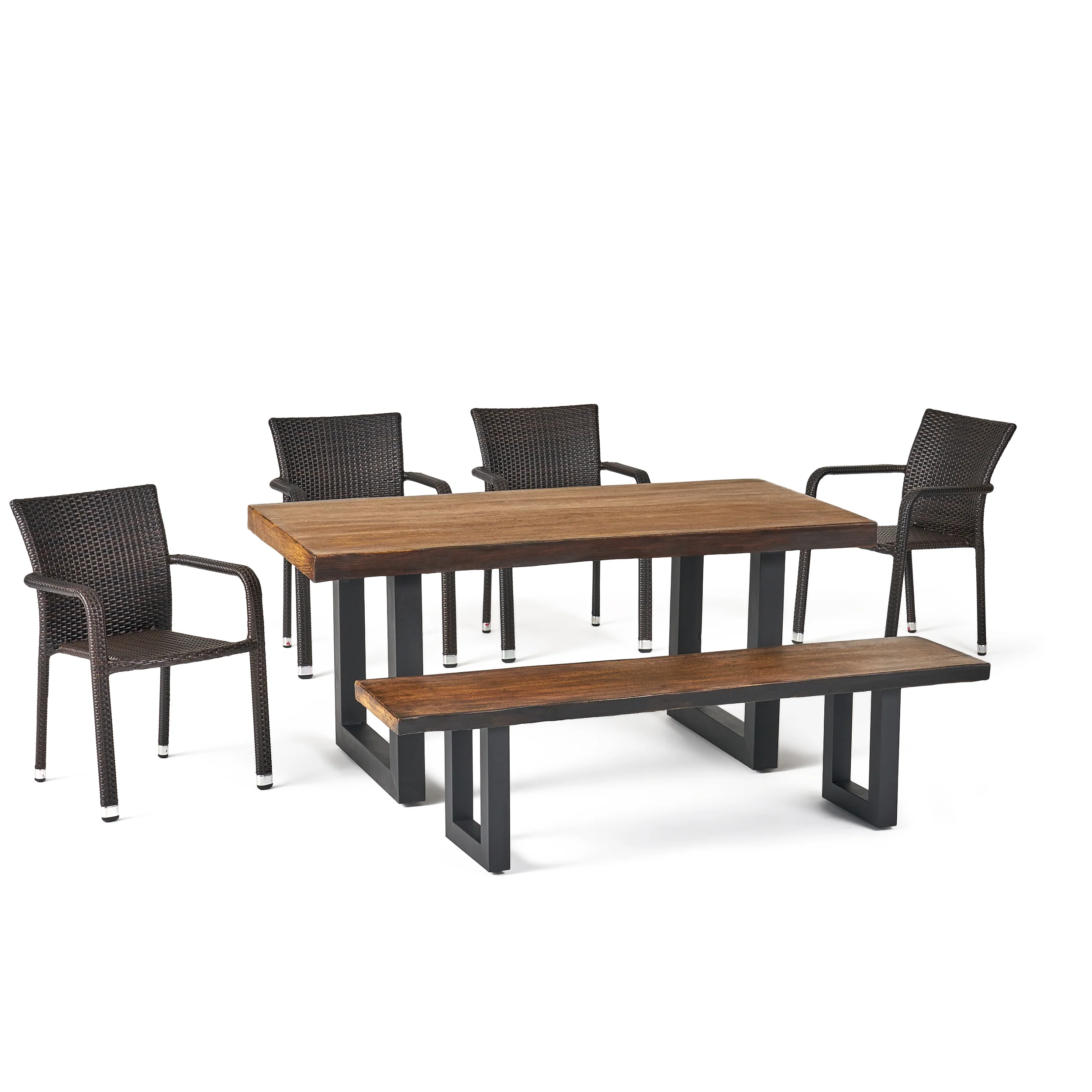 Zendaya Outdoor 6 Piece Wicker Dining Set with Light Weight Concrete Table and Bench - furnishings