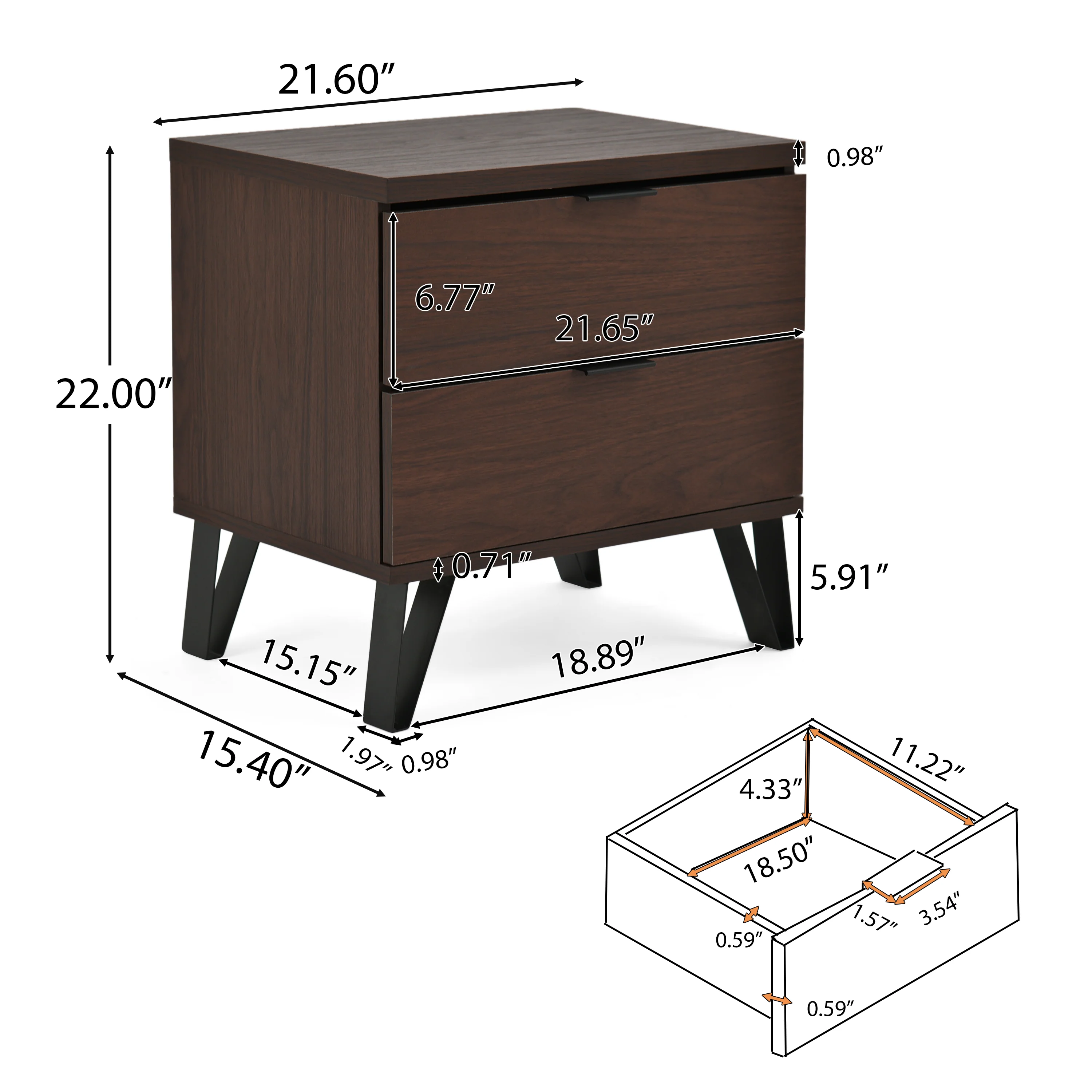 Demijen Modern Industrial 3 Piece 3 Drawer Dresser and Nightstand Bedroom Set, Walnut and Matte Black - furnishings
