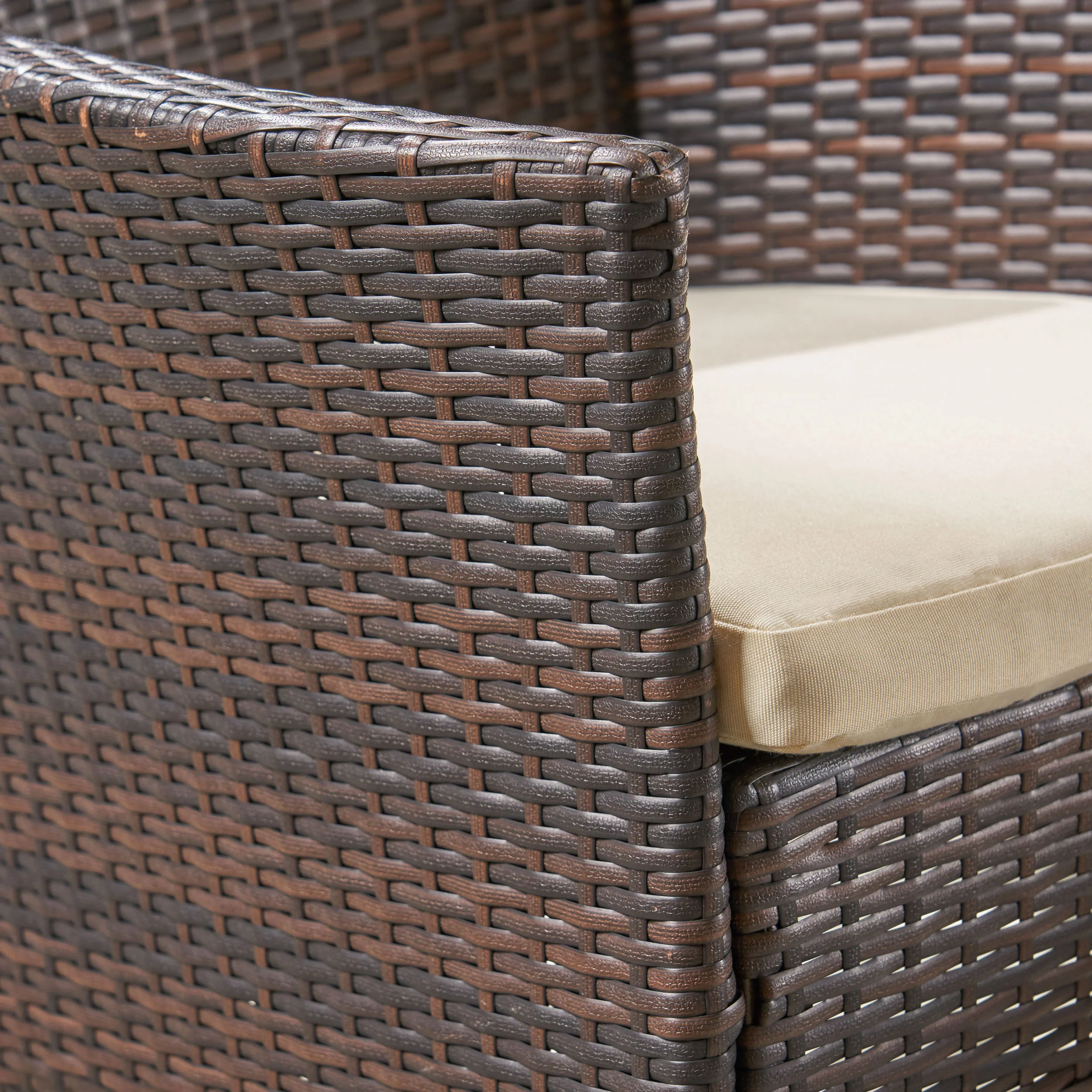Jack Outdoor 6 Piece Dining Set with Stacking Wicker Chairs and Bench, Sandblast Teak and Black and Multi Brown - furnishings