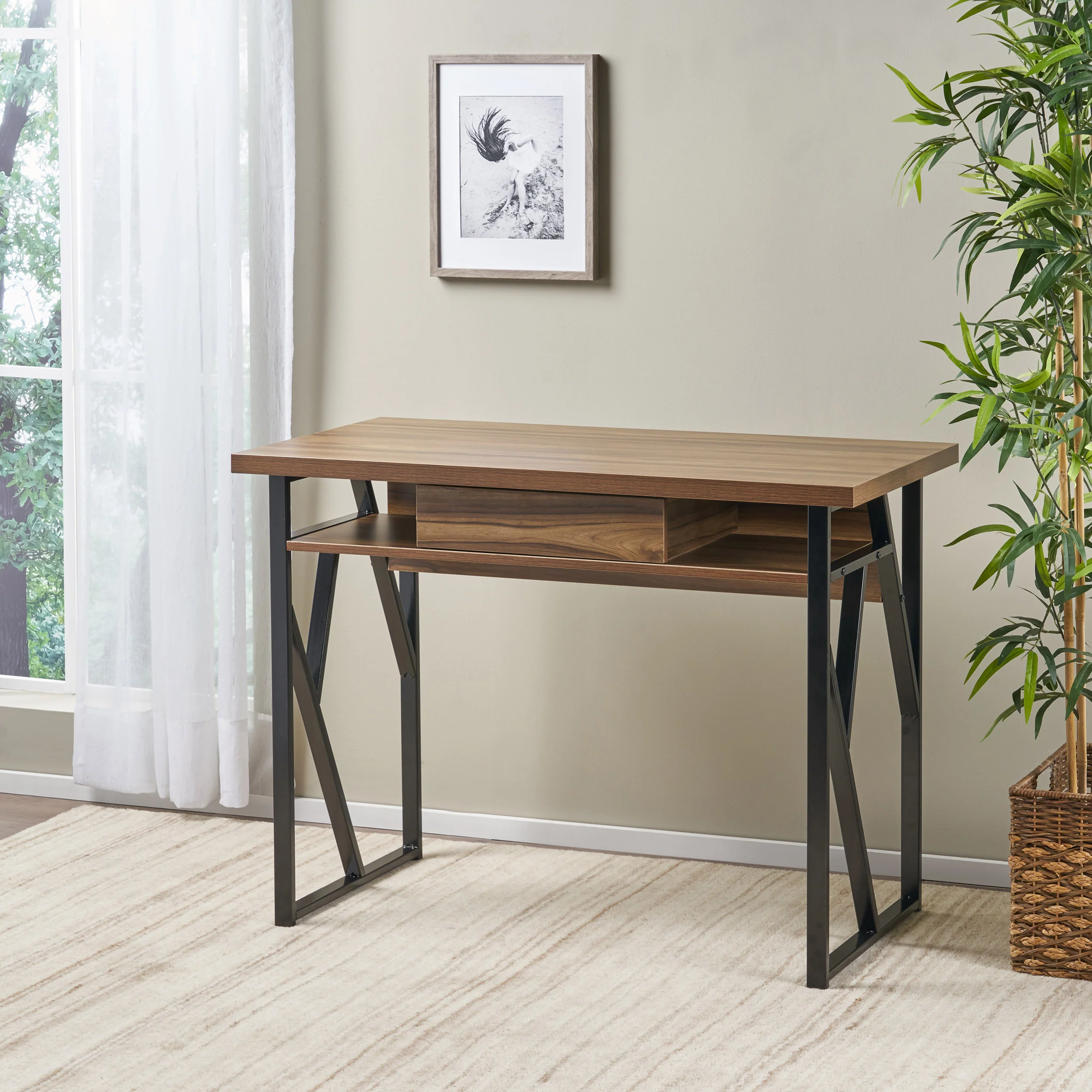 Janet Modern Industrial Iron Frame Writing Desk with Drawer - furnishings