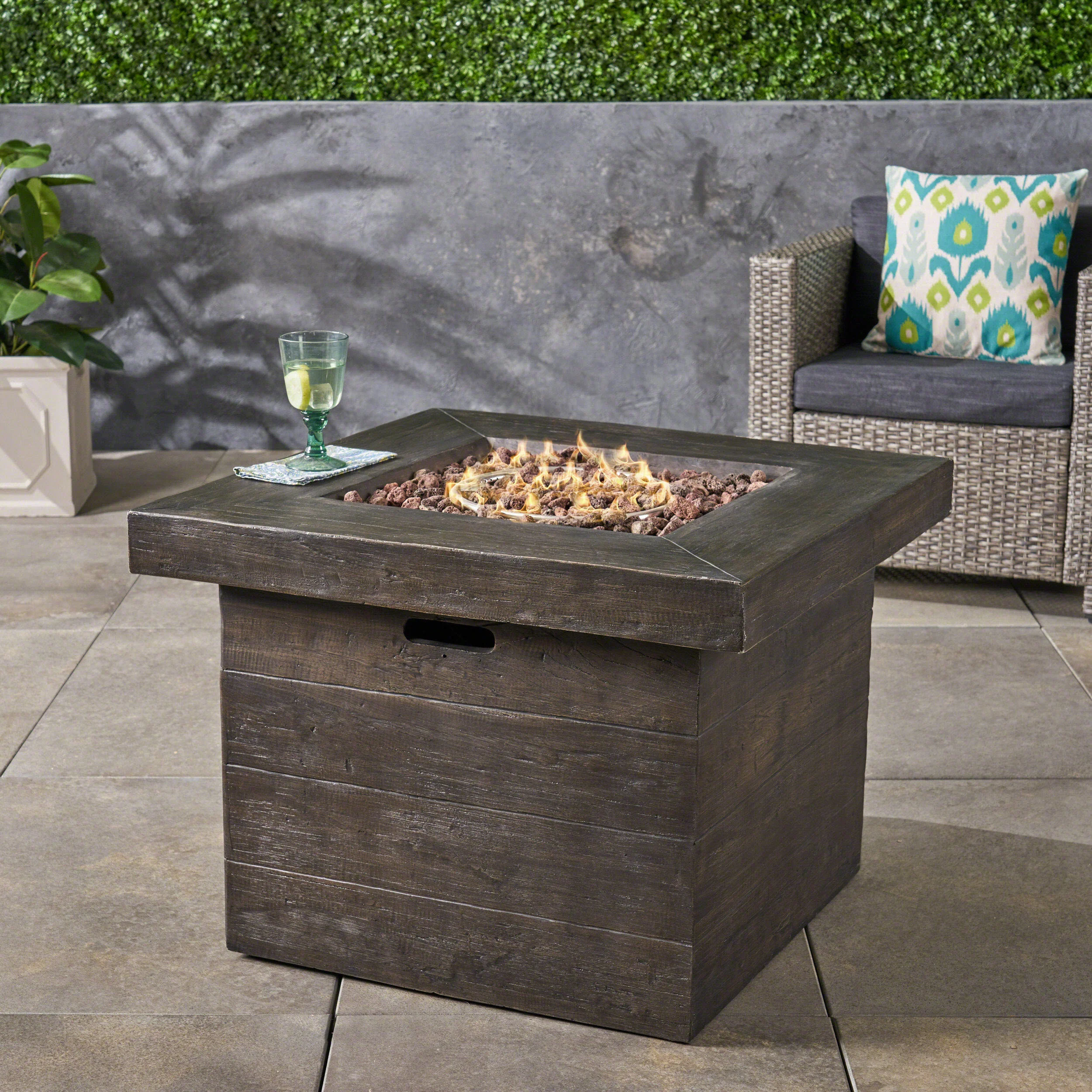 Tompkins Outdoor Square Brown Lightweight Concrete Fire Pit with Wood Design - furnishings