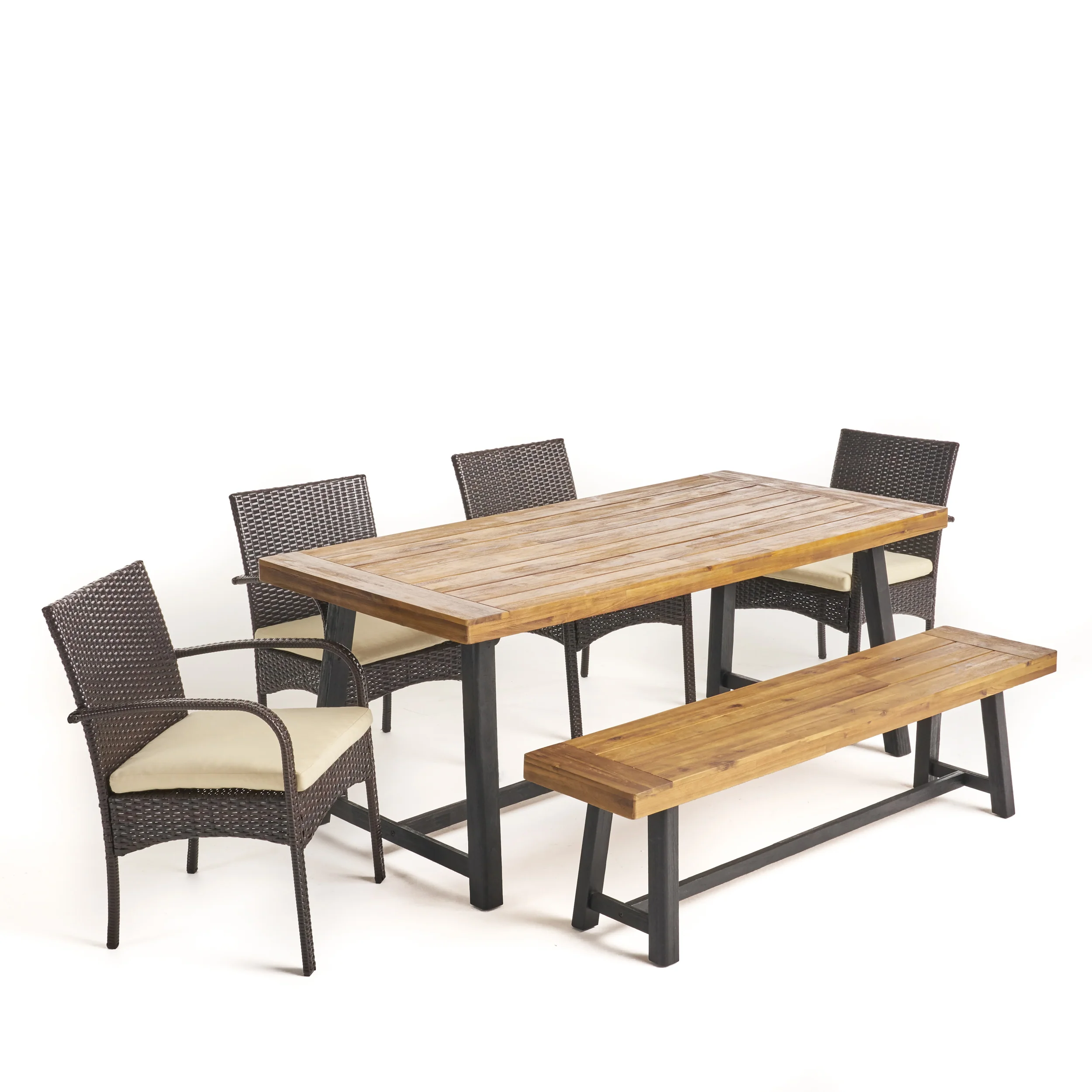 Ross Outdoor 6 Piece Dining Set with Stacking Wicker Chairs and Bench, Sandblast Teak and Black and Multi Brown - furnishings