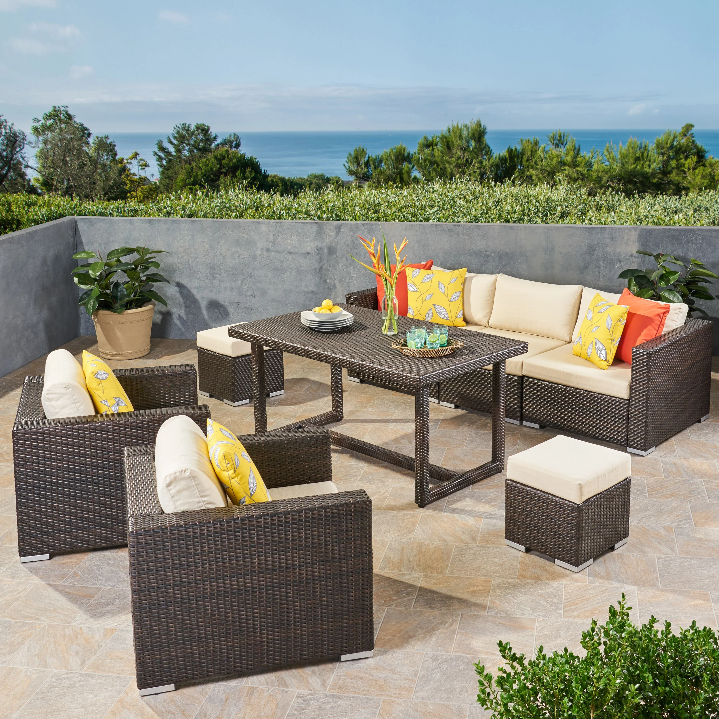 Valentina Outdoor 7 Seater Wicker and Aluminum Sofa Dining Set - furnishings