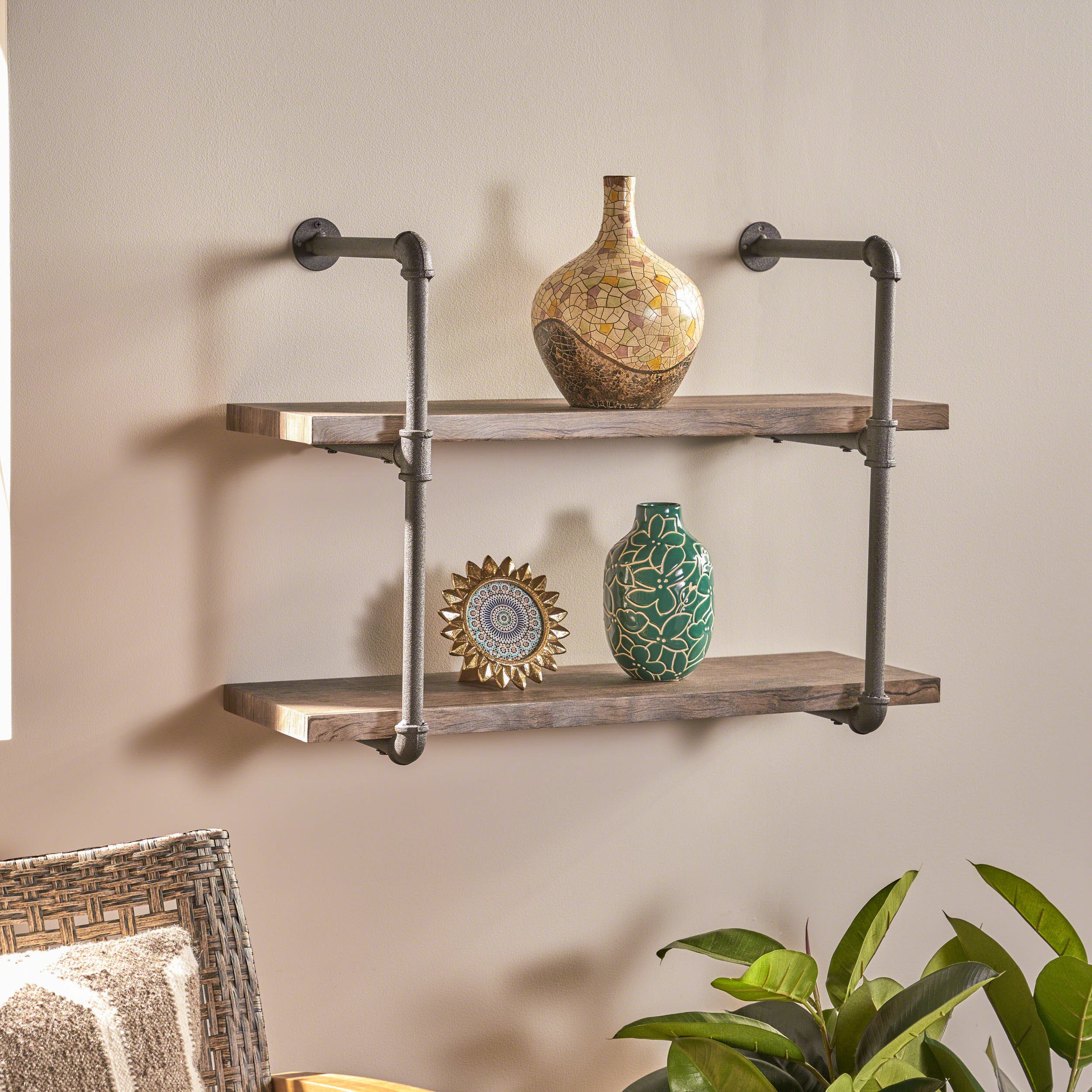 Caden 2 Shelf Industrial Pipe Design Wall Mount Floating Shelf - furnishings