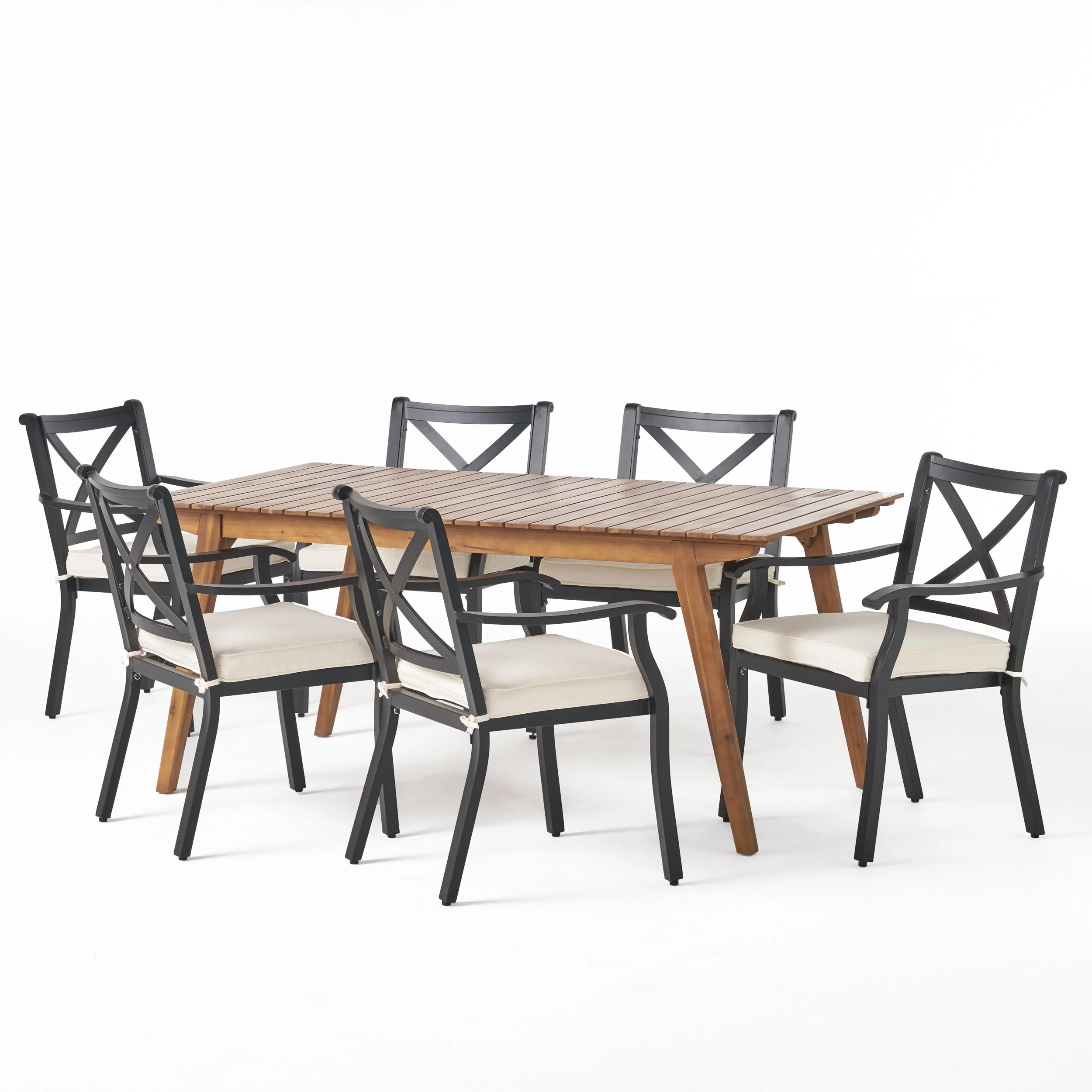 Buster Outdoor 7 Piece Acacia Wood and Aluminum Dining Set, Teak and Black with Ivory Cushions - furnishings