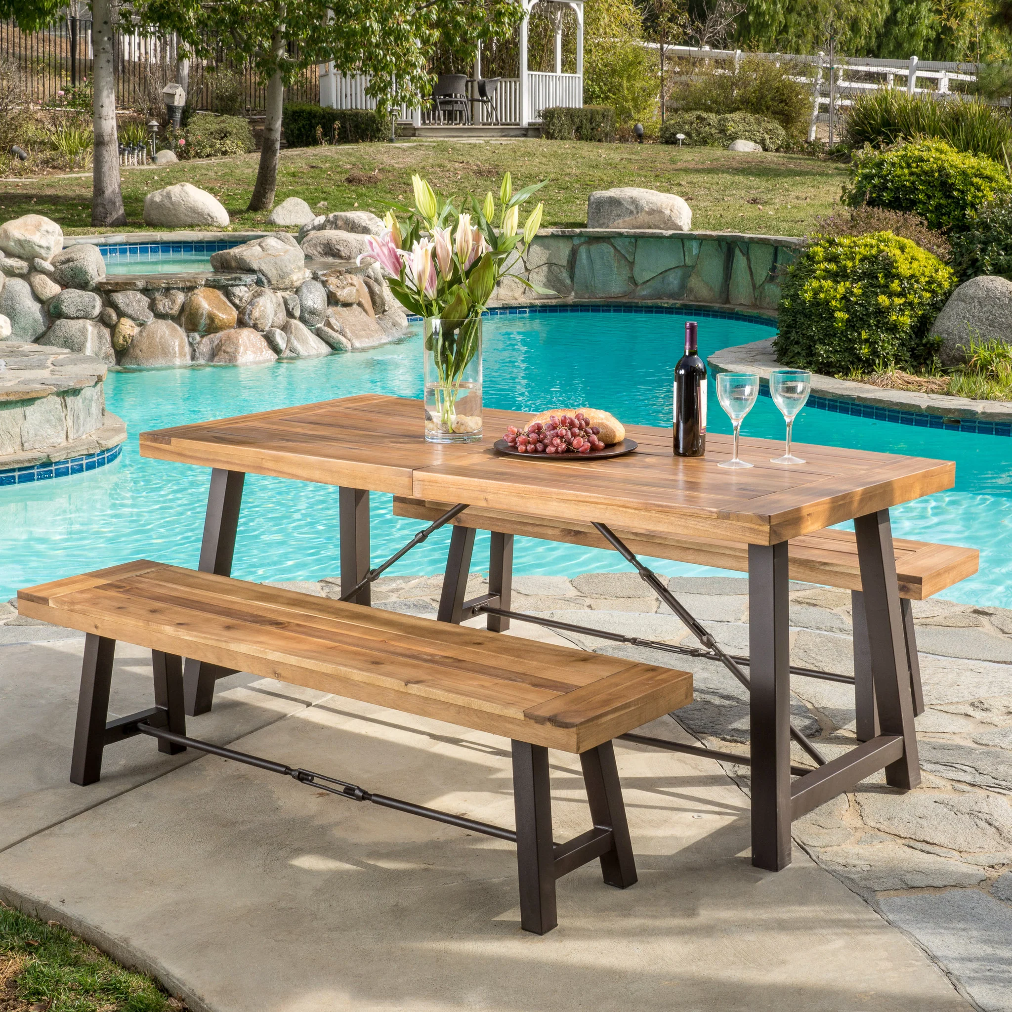 Rosario Rustic Industrial Outdoor Teak Finish Acacia Wood Picnic Dining Set - furnishings