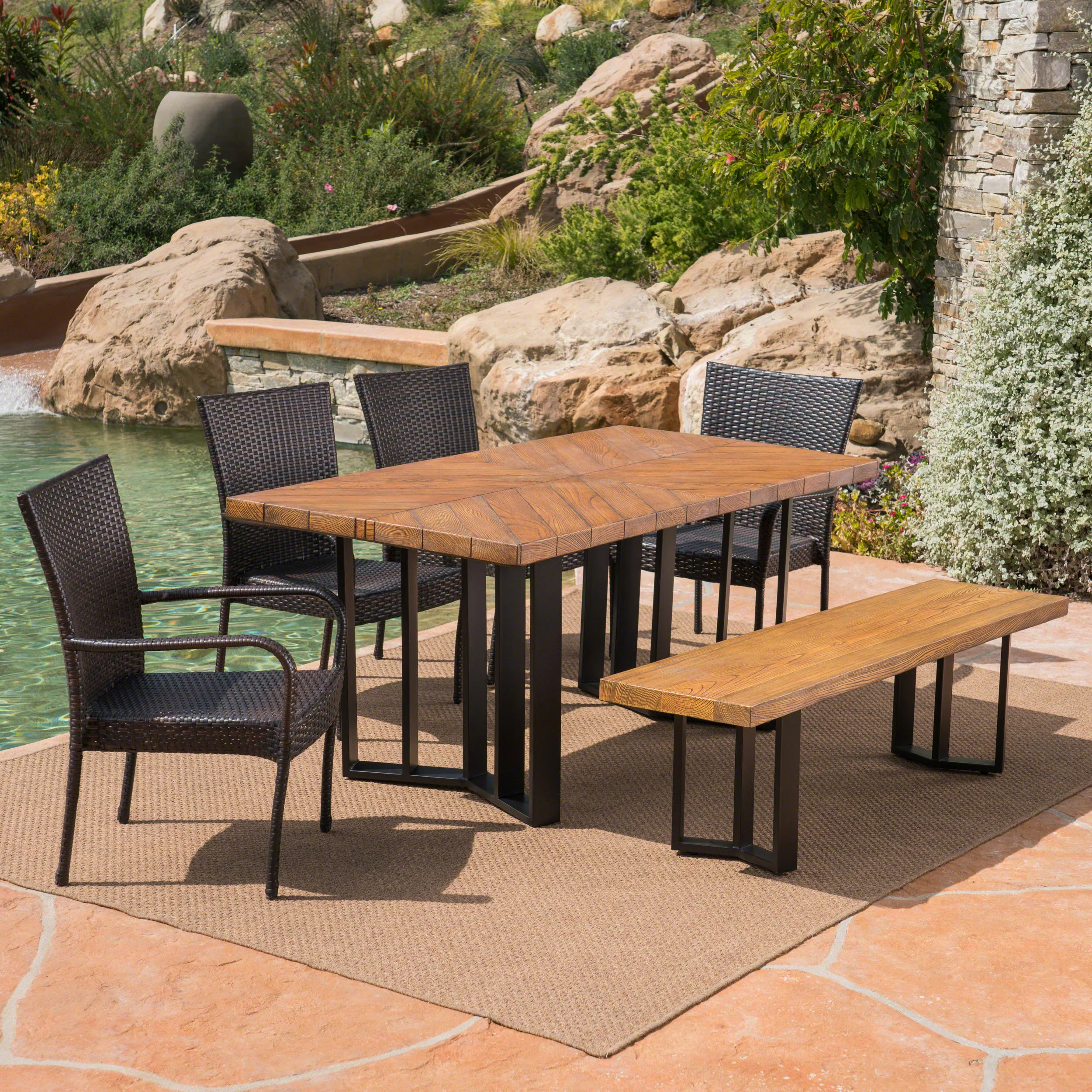 Fiona Outdoor 6 Piece Wicker Dining Set with Concrete Dining Table and Bench - furnishings