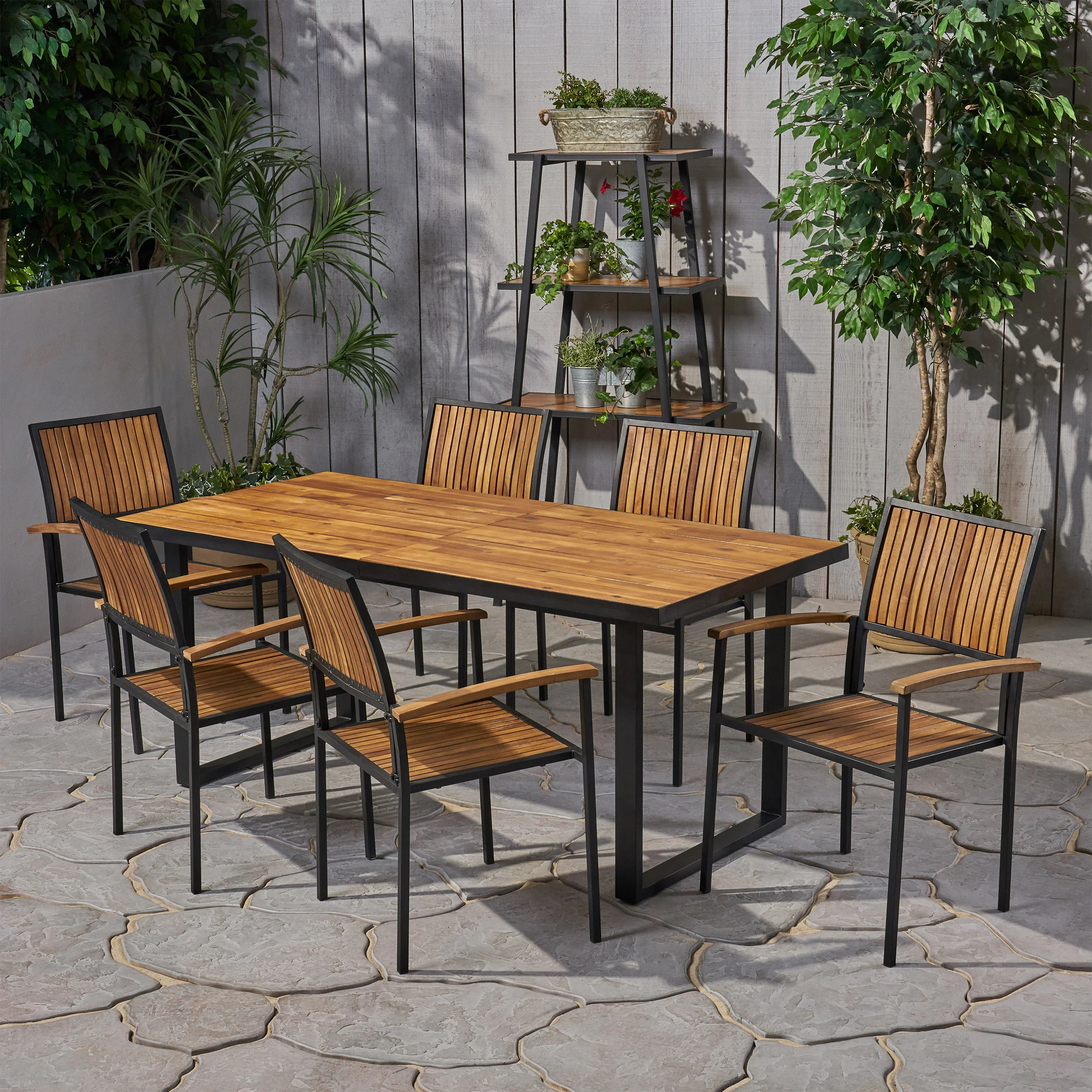 Stoic Outdoor 6 Seater Acacia Wood Dining Set with an Iron Frame - furnishings