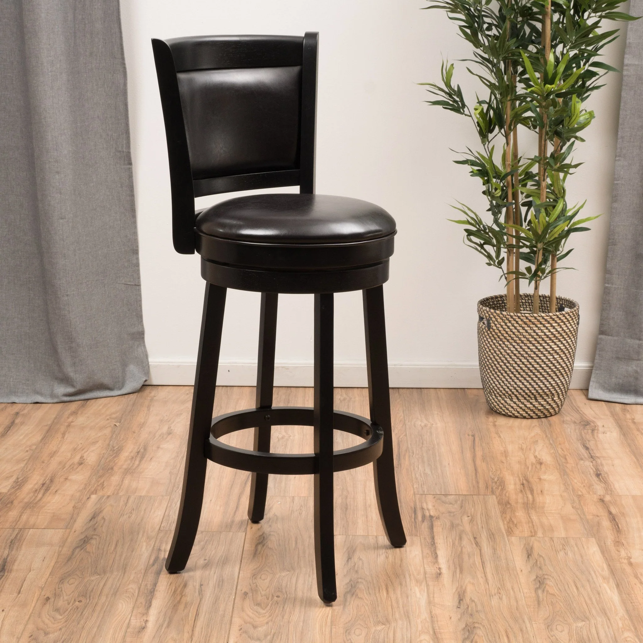 Traditional Upholstered Espresso Leather Swivel Backed Barstool with Wood Frame - furnishings
