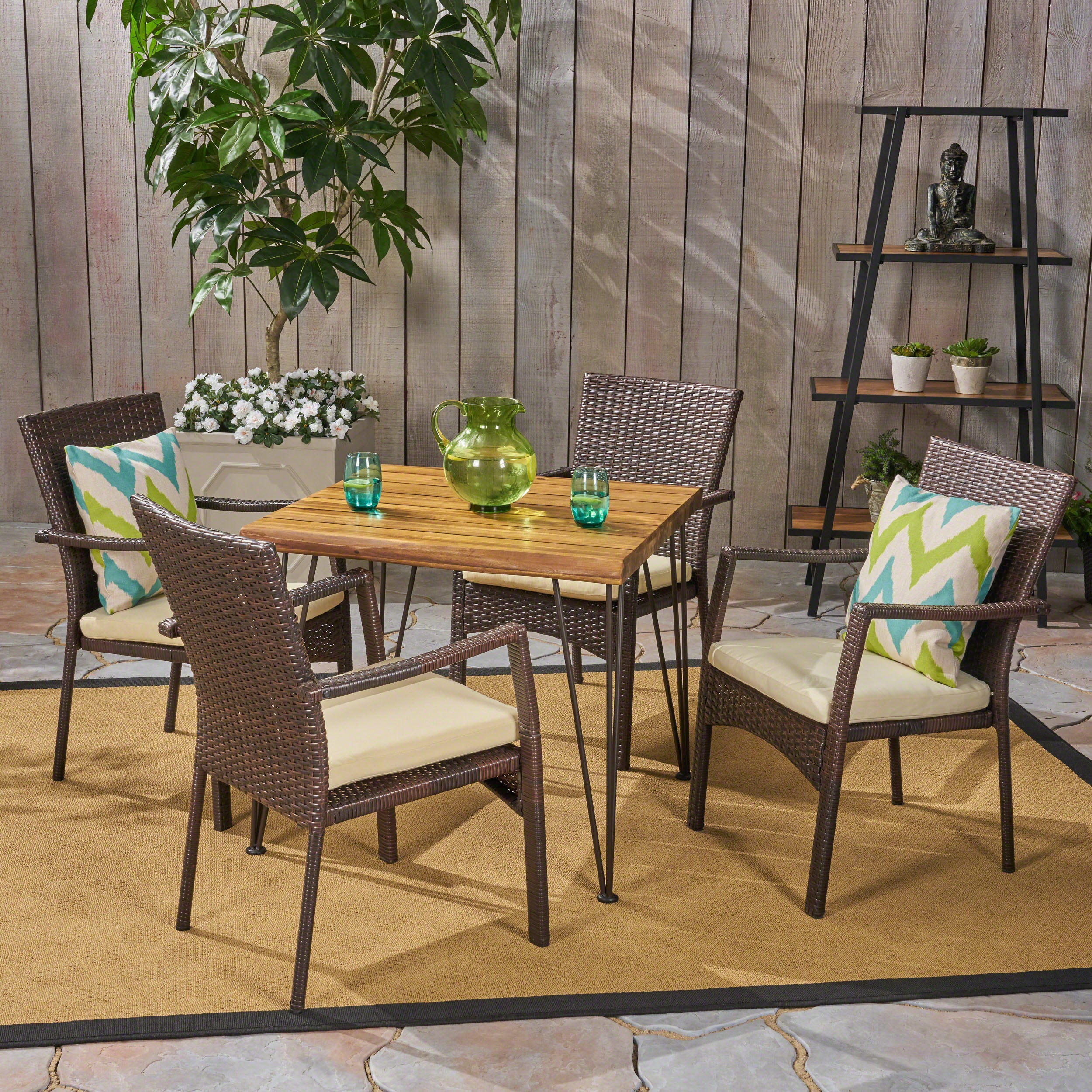 Archie Outdoor Industrial Wood and Wicker 5 Piece Square Dining Set, Teak and Brown and Cr¡§¡§me - furnishings