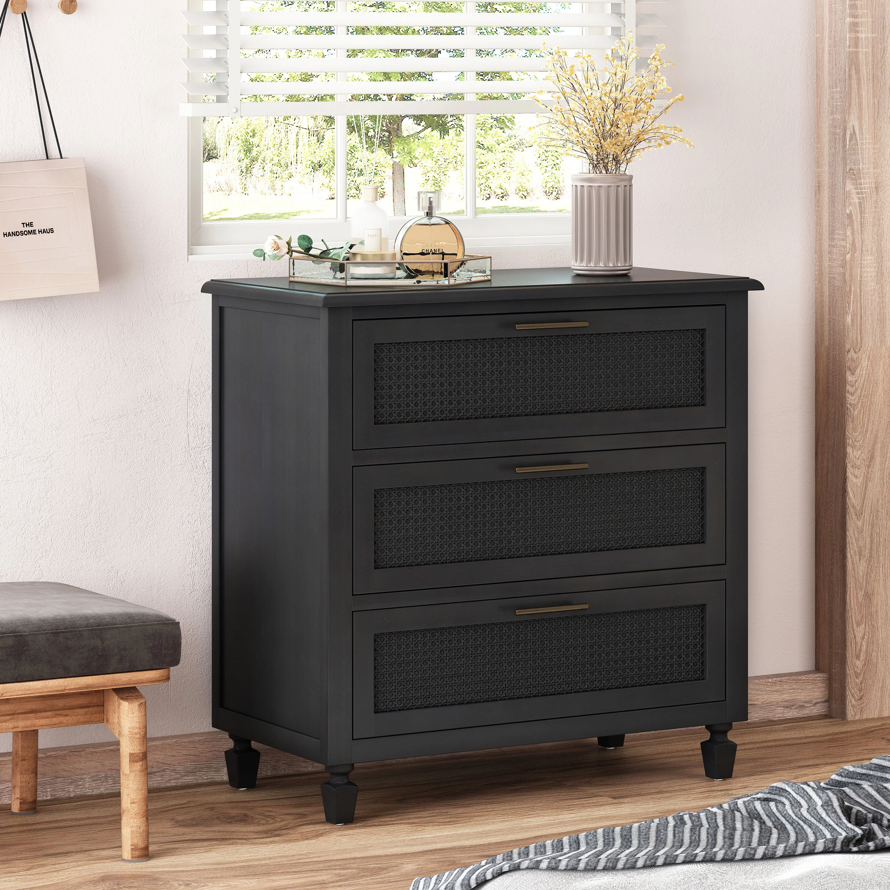 Pollards Rustic Acacia Wood and Cane 3 Drawer Dresser, Dark Gray - furnishings