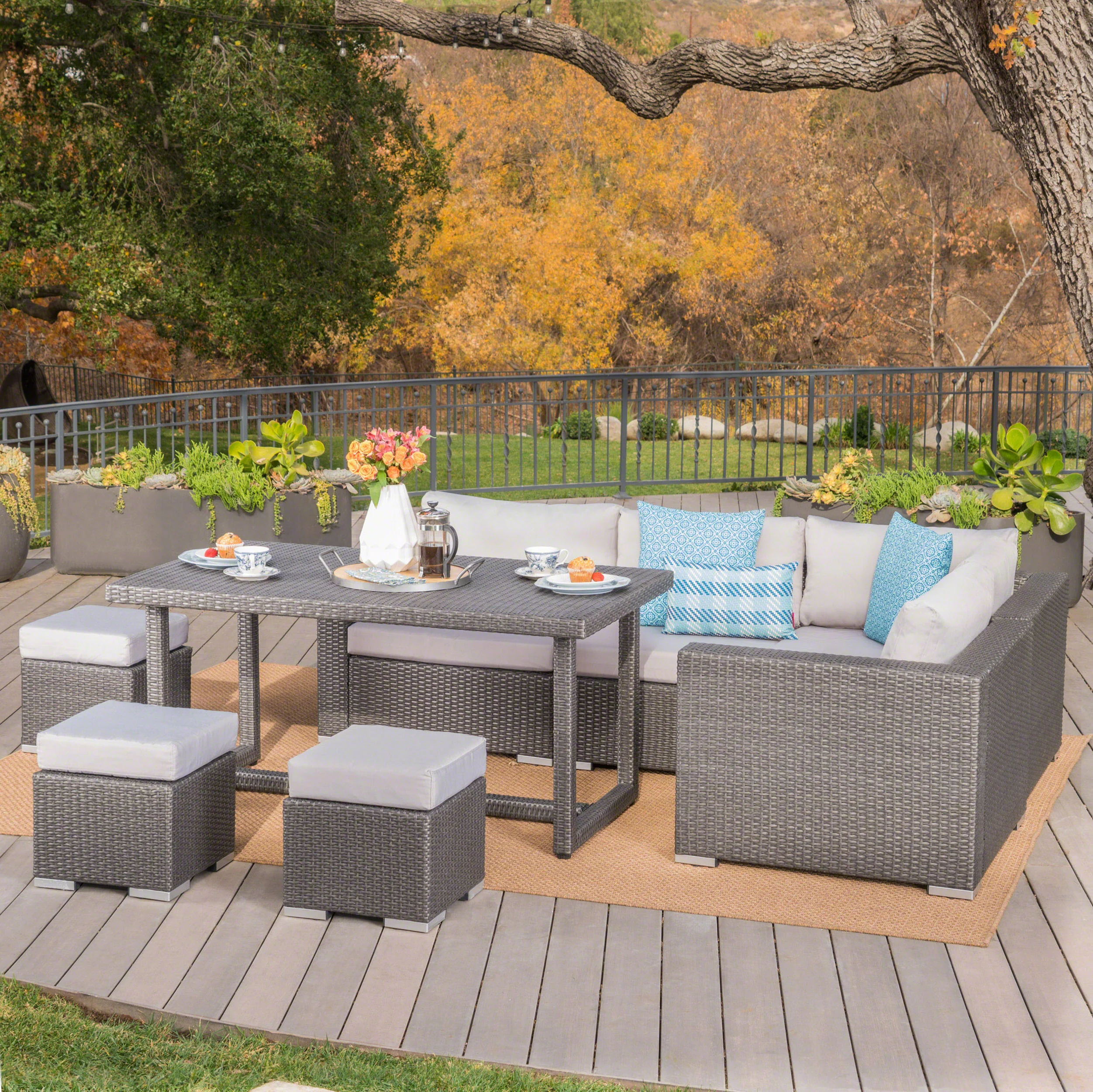 Santa Rosa Outdoor 7 Seat Dining Sofa and Ottoman Set with Aluminum Frame - furnishings