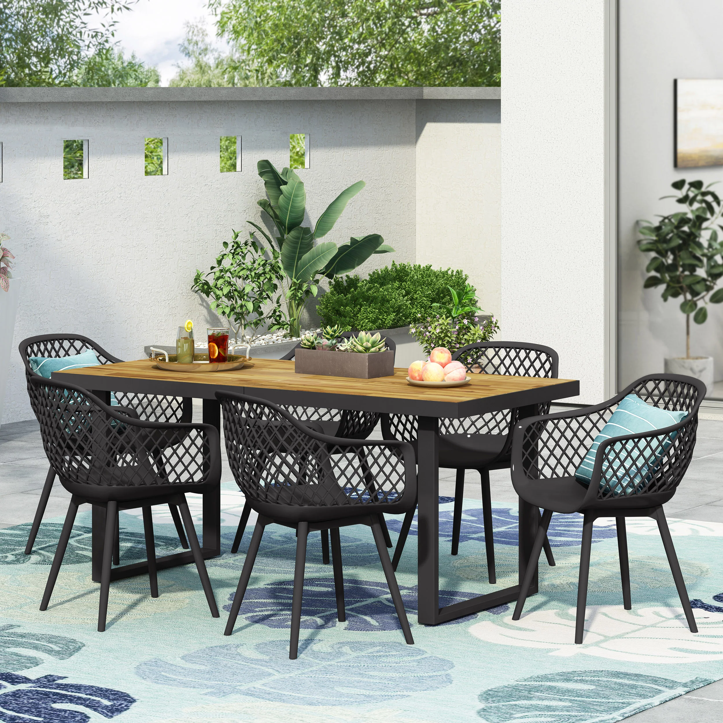 Strada Outdoor Wood and Resin 7 Piece Dining Set, Black and Teak - furnishings