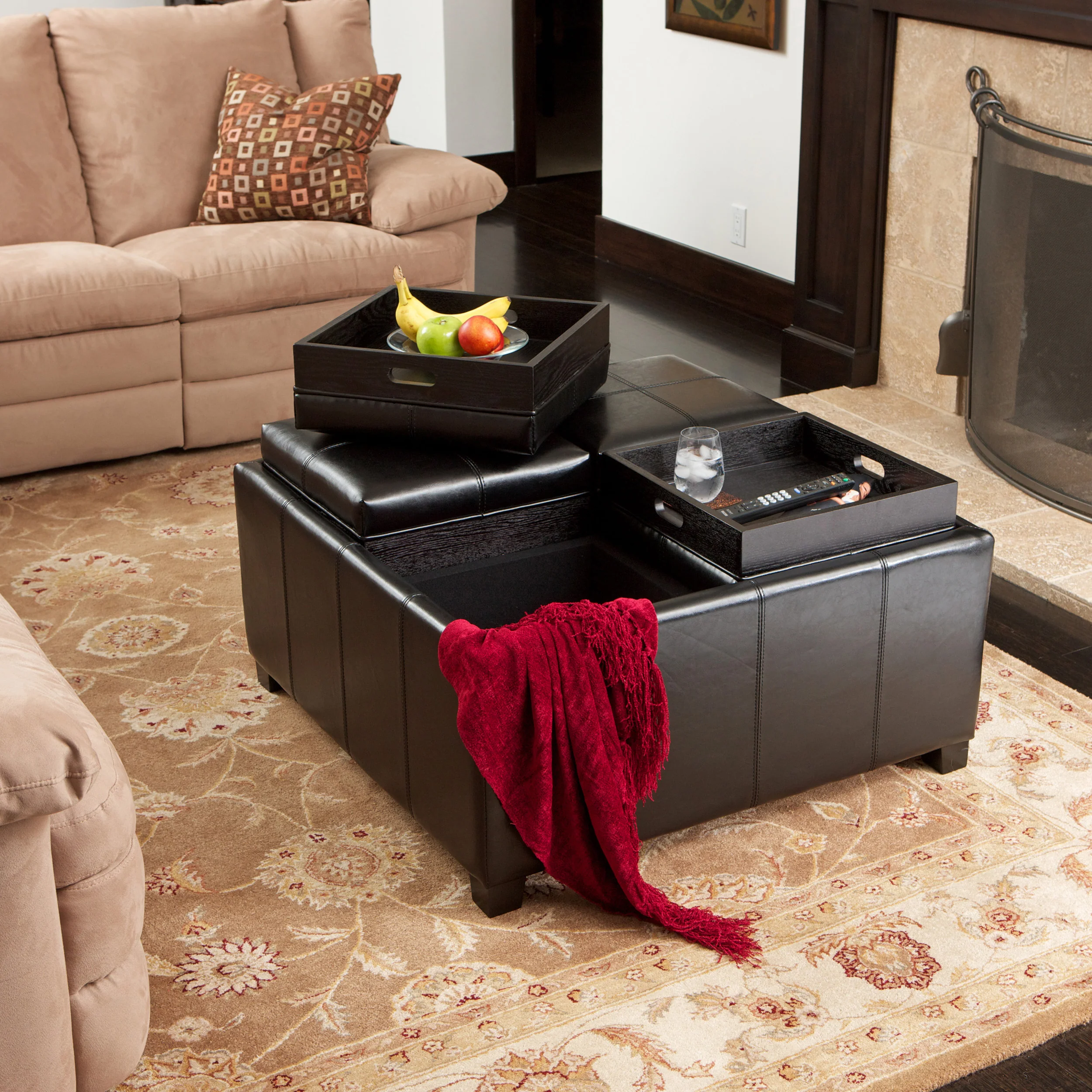 Harley Leather 4-Tray-Top Storage Ottoman Coffee Table - furnishings