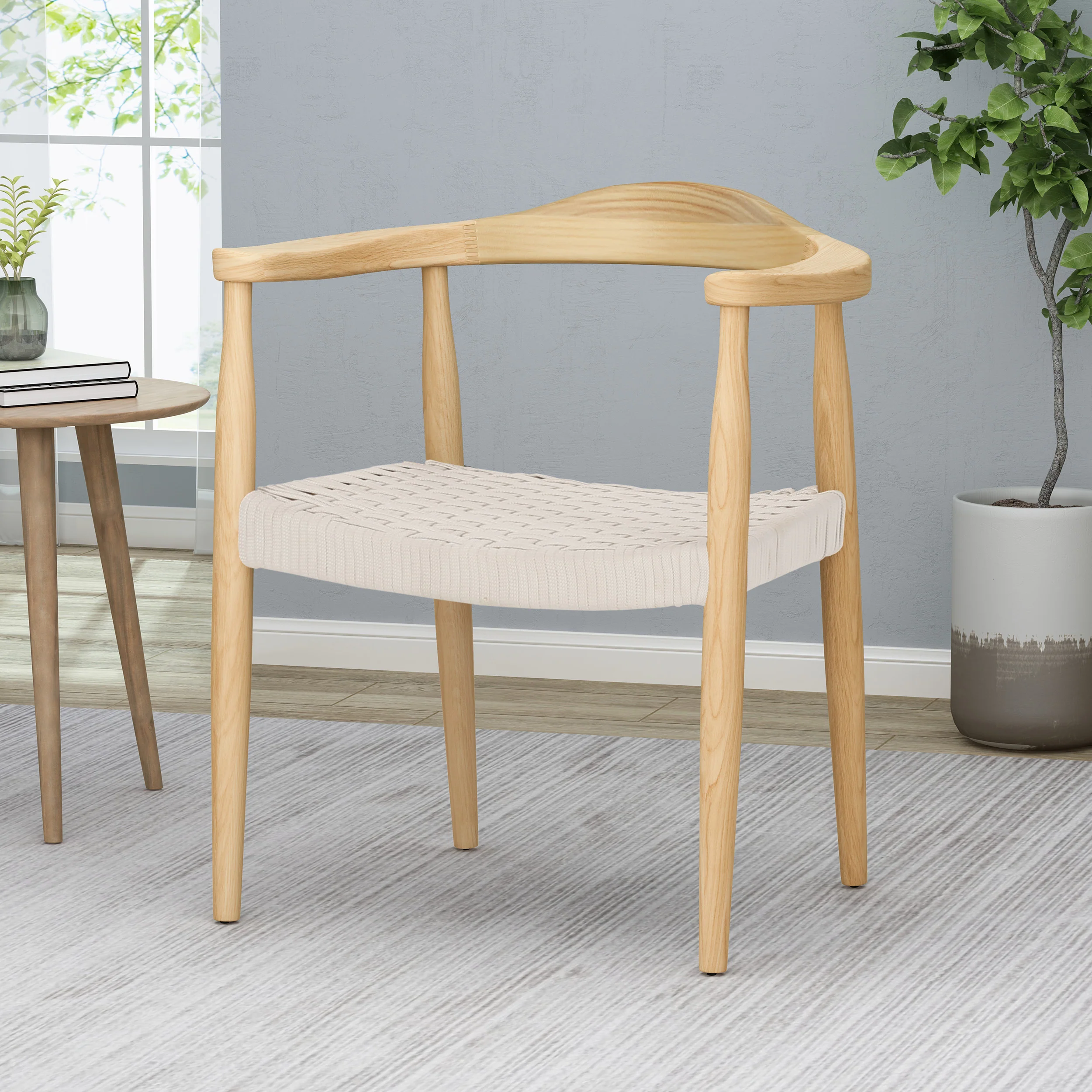 Leonela Mid-Century Modern Ash Wood Accent Chair with Olefin Rope Seat - furnishings