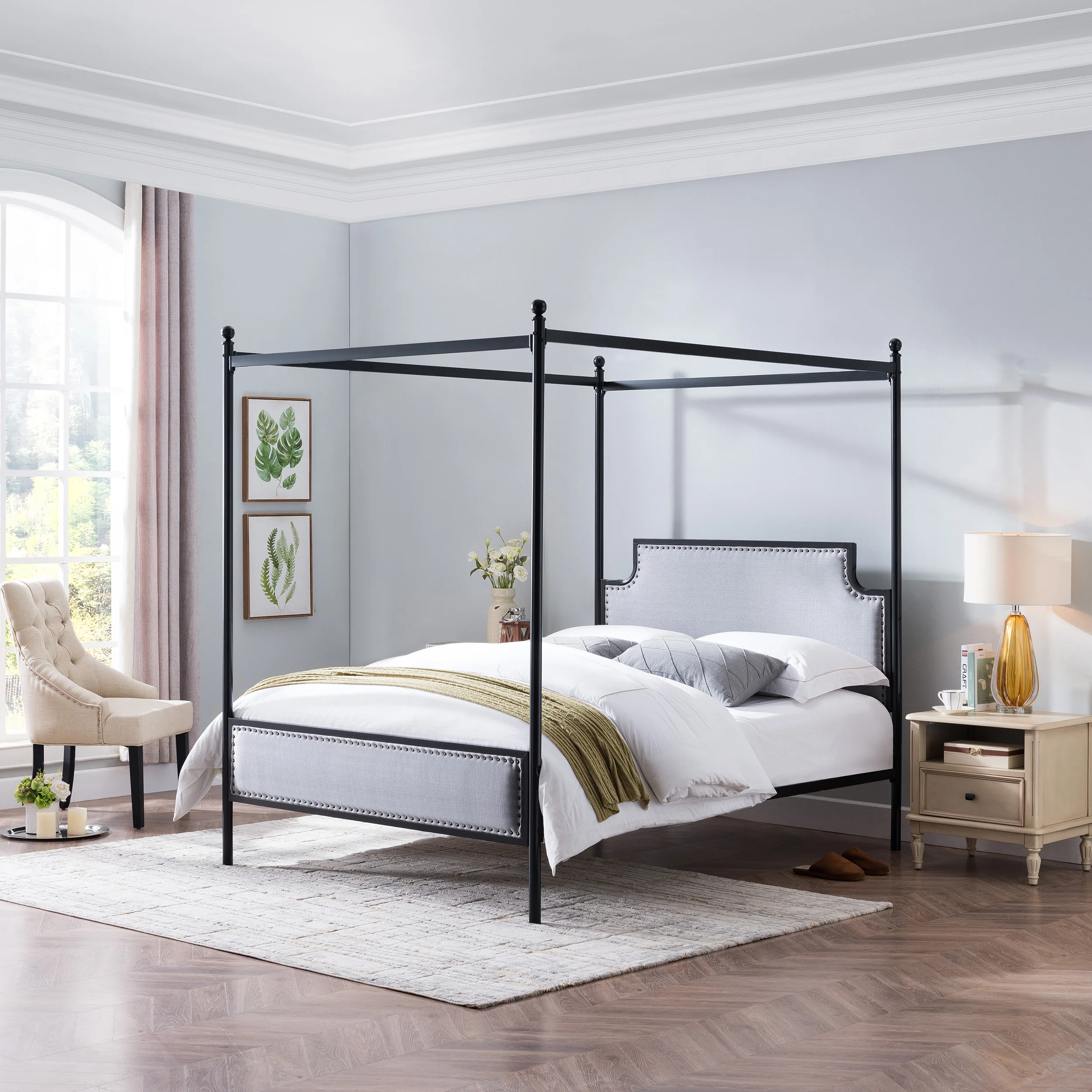 Asa Queen Size Iron Canopy Bed Frame with Upholstered Studded Headboard - furnishings