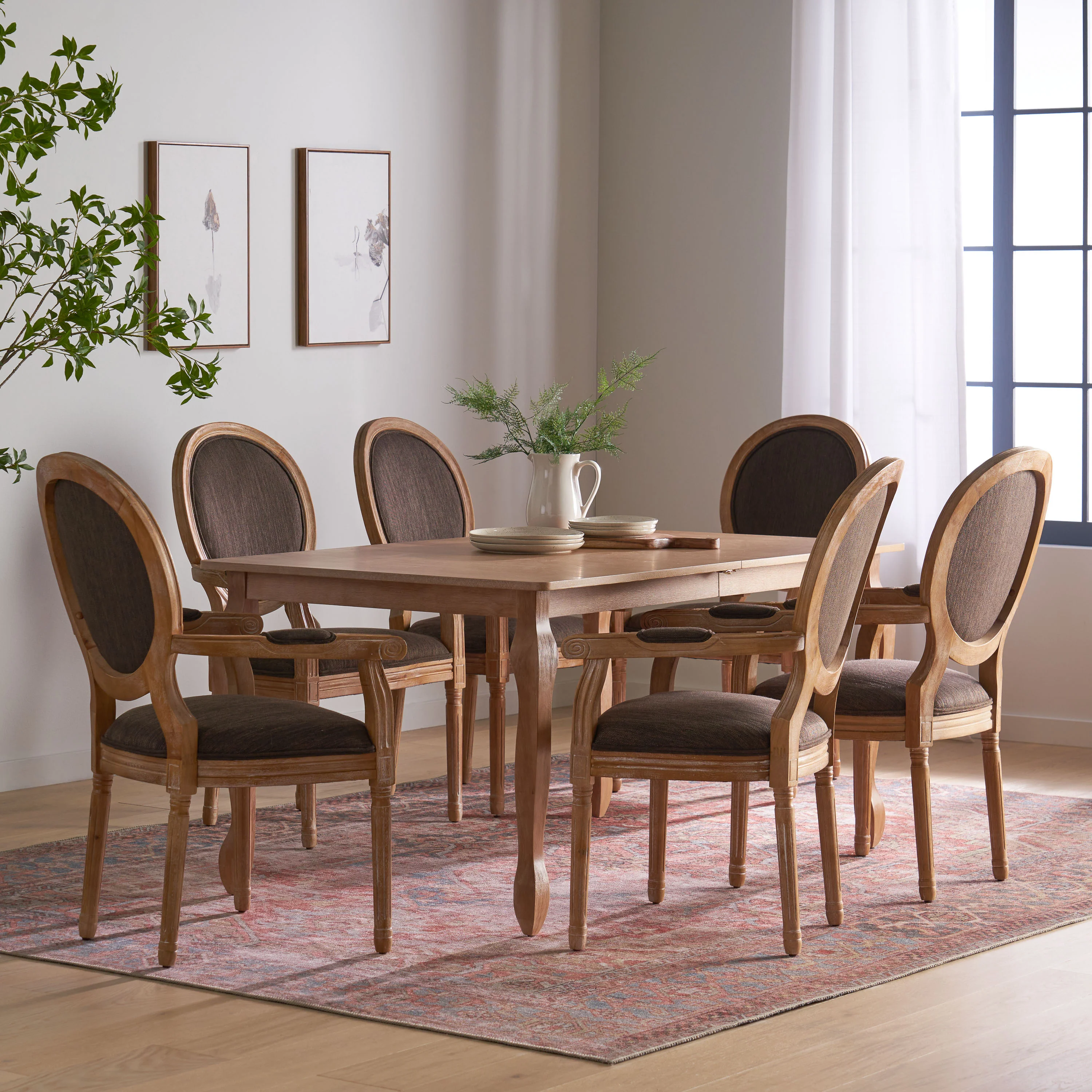 Comisky French Country Fabric Upholstered Wood Expandable 7 Piece Dining Set - furnishings