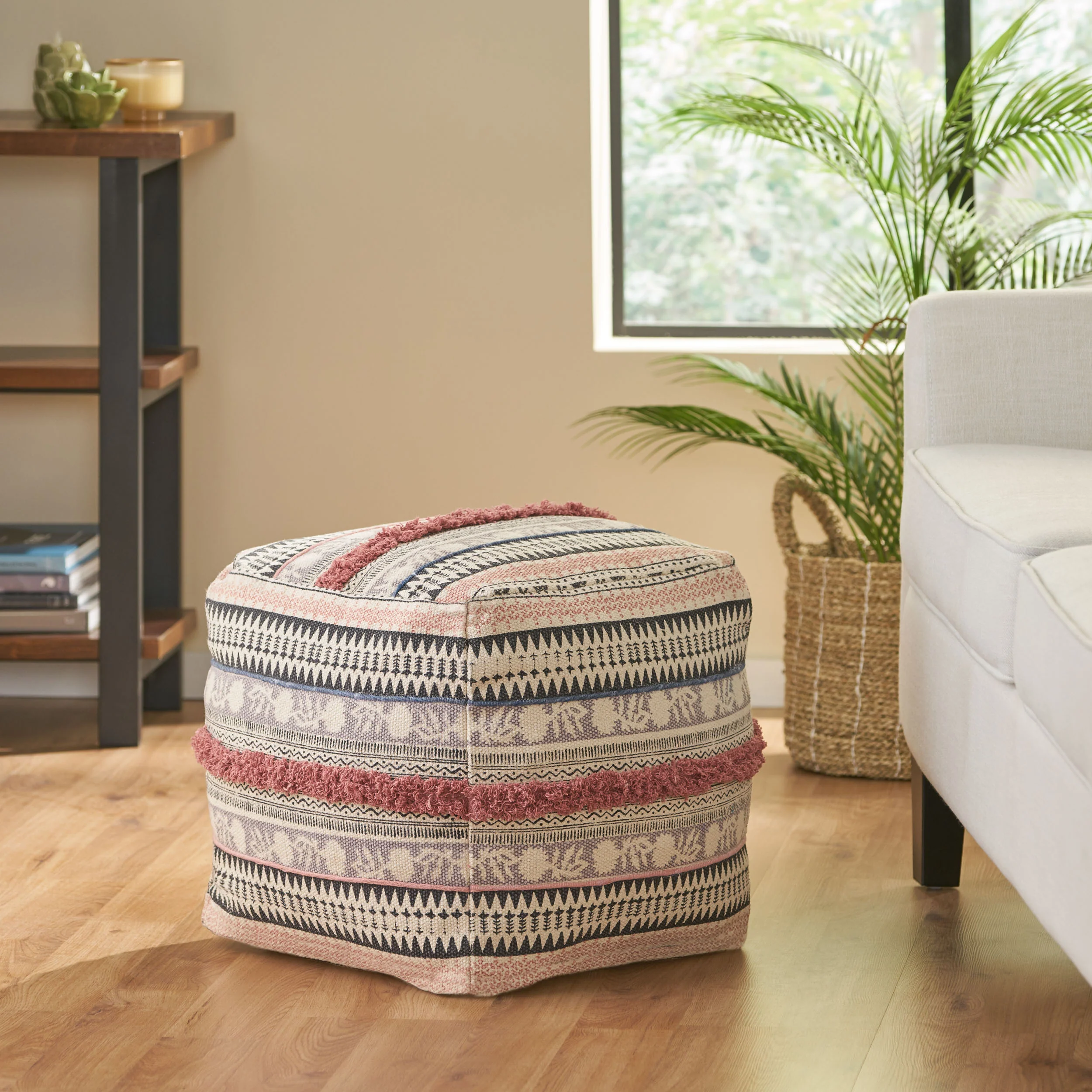Healdton Handcrafted Boho Fabric Cube Pouf - furnishings