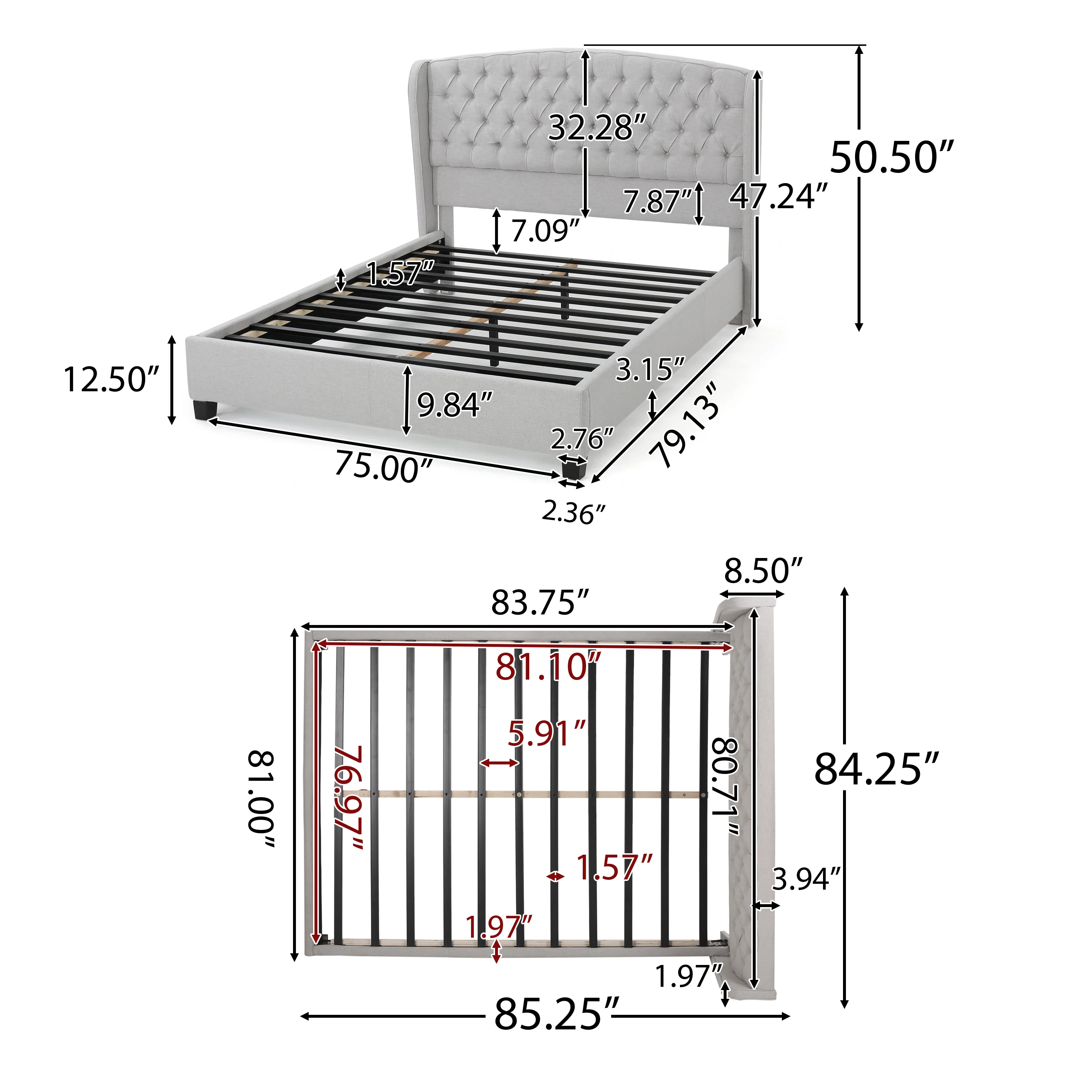 Elizabeth Fully-Upholstered King-Size Platform Bed Frame, Low-Profile, Contemporary - furnbro