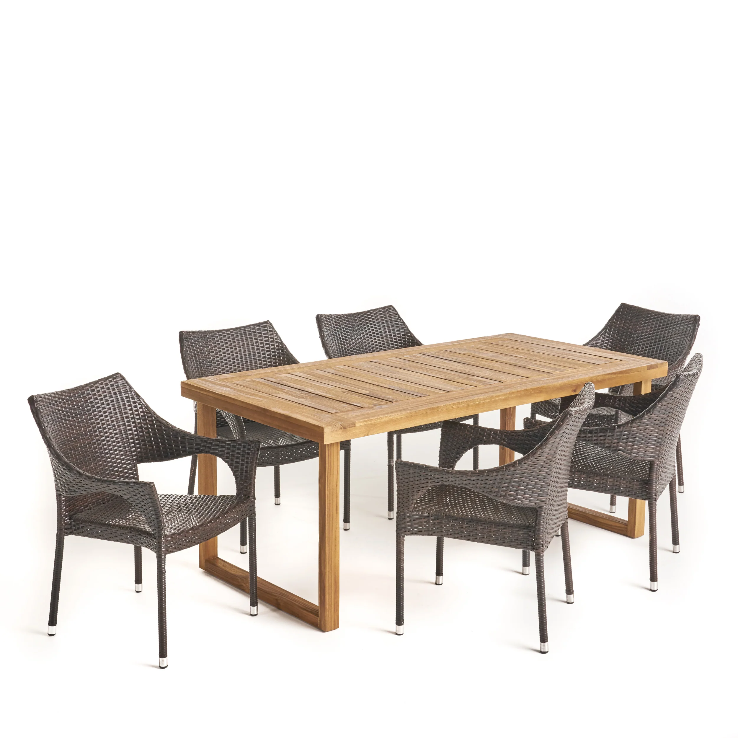 Cason Outdoor 7 Piece Acacia Wood Dining Set with Stacking Wicker Chairs, Sandblast Natural and Multi Brown - furnishings