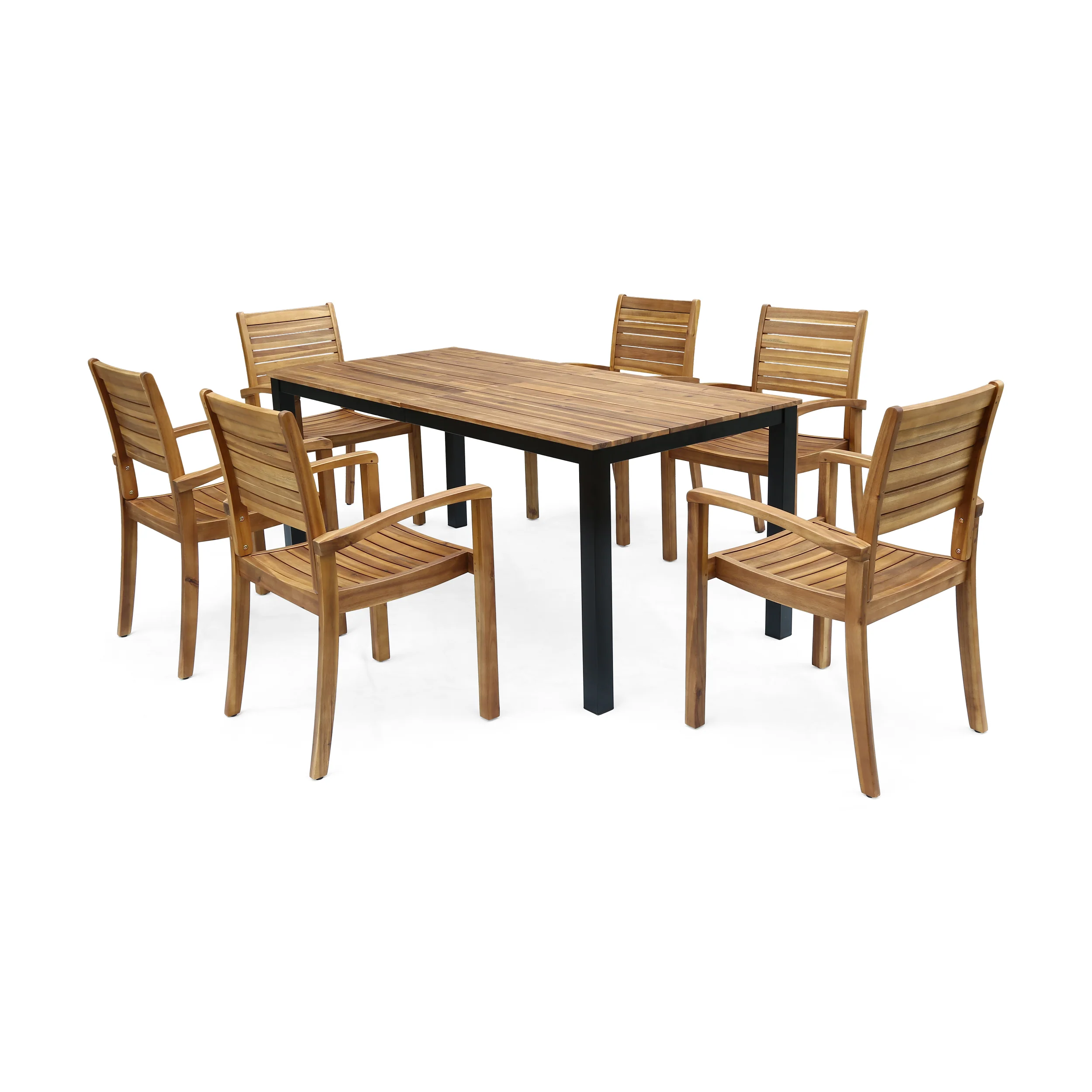 Ryan Outdoor 6-Seater Rectangular Acacia Wood Dining Set, Teak Finish - furnishings