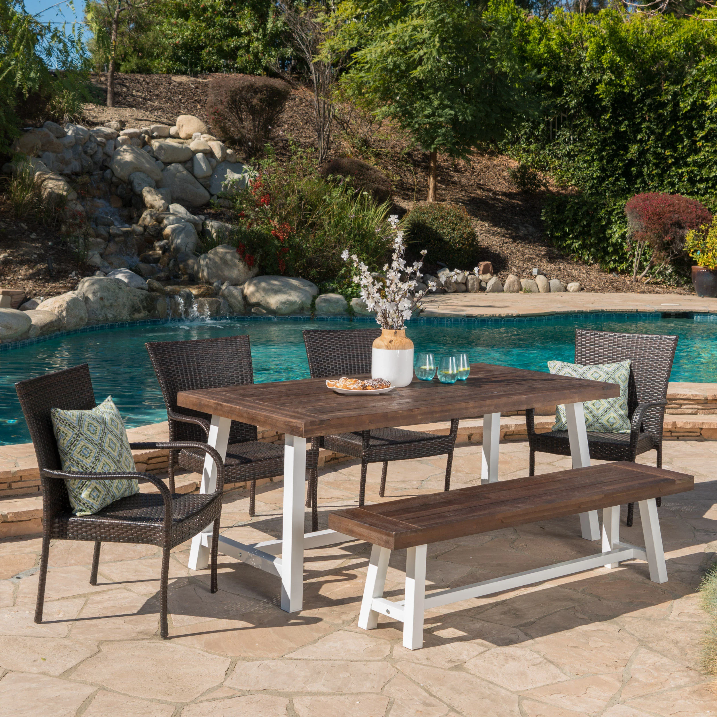 Luminous Outdoor 6 Piece Stacking Wicker Dining Set with Acacia Wood Table and Bench - furnishings