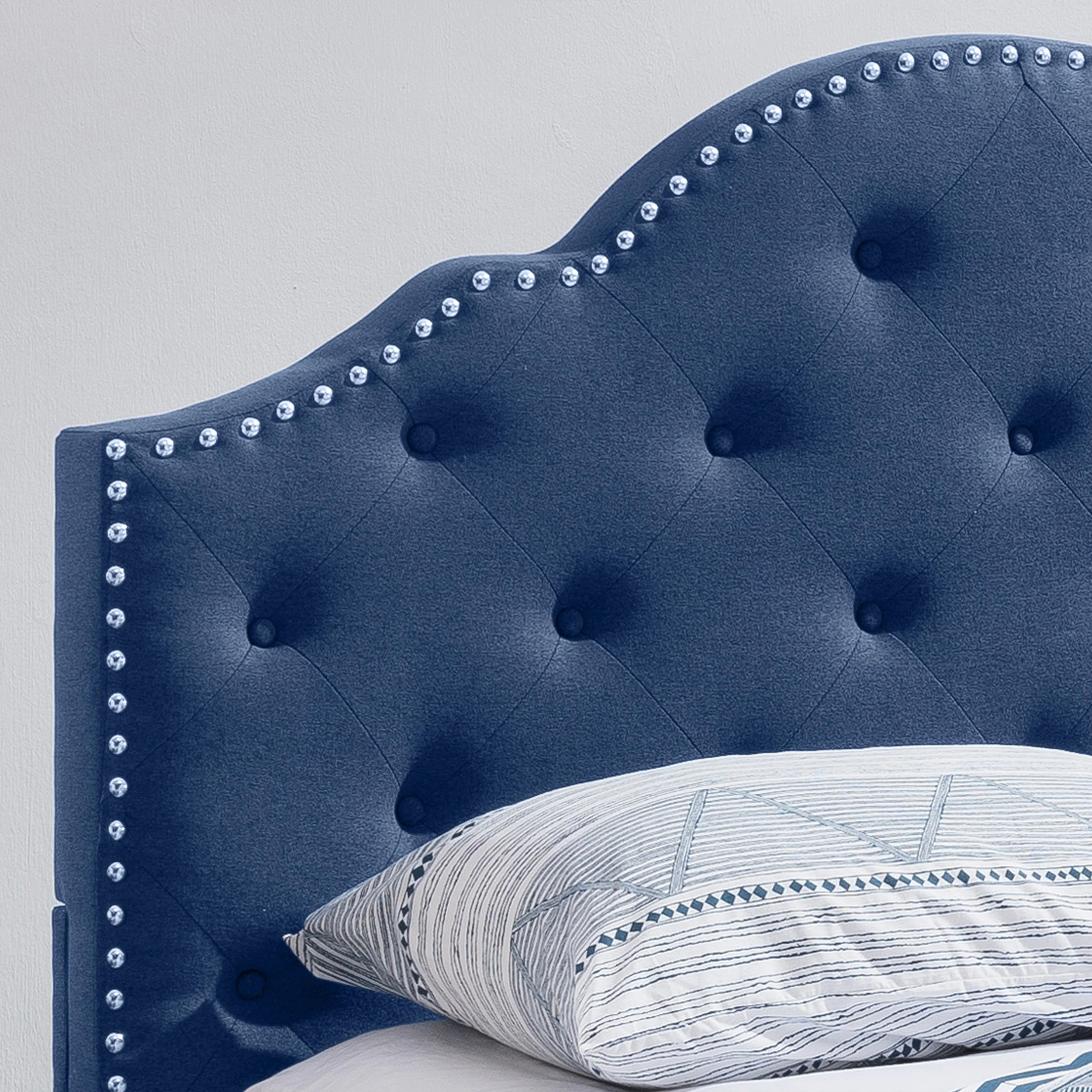 Gentry Contemporary Button-Tufted Camelback Queen Bed Frame with Nailhead Trim - furnishings
