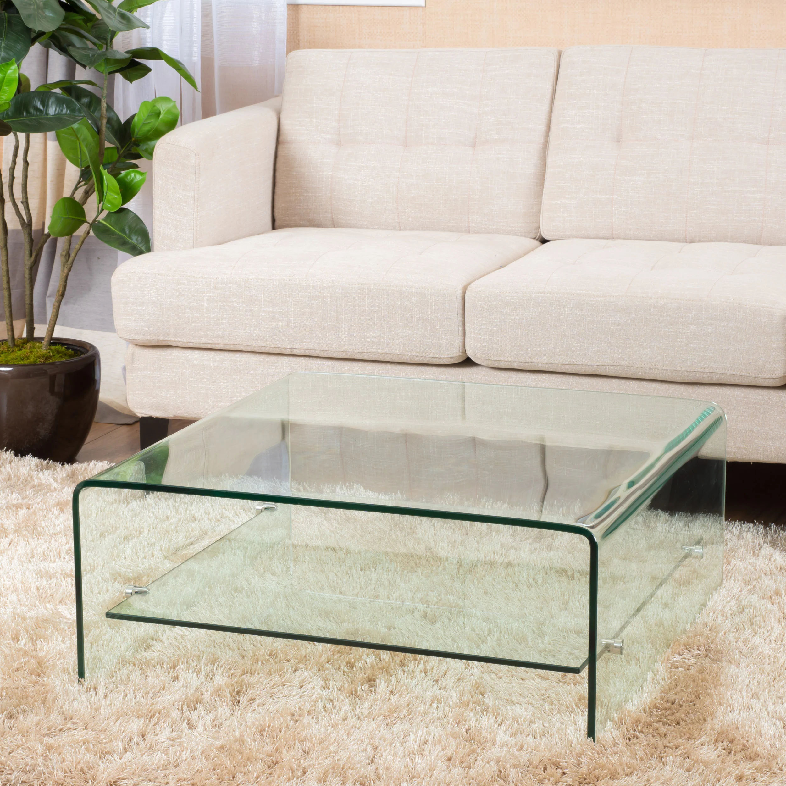 Classon Modern Square Tempered Glass Coffee Table with Shelf - furnishings