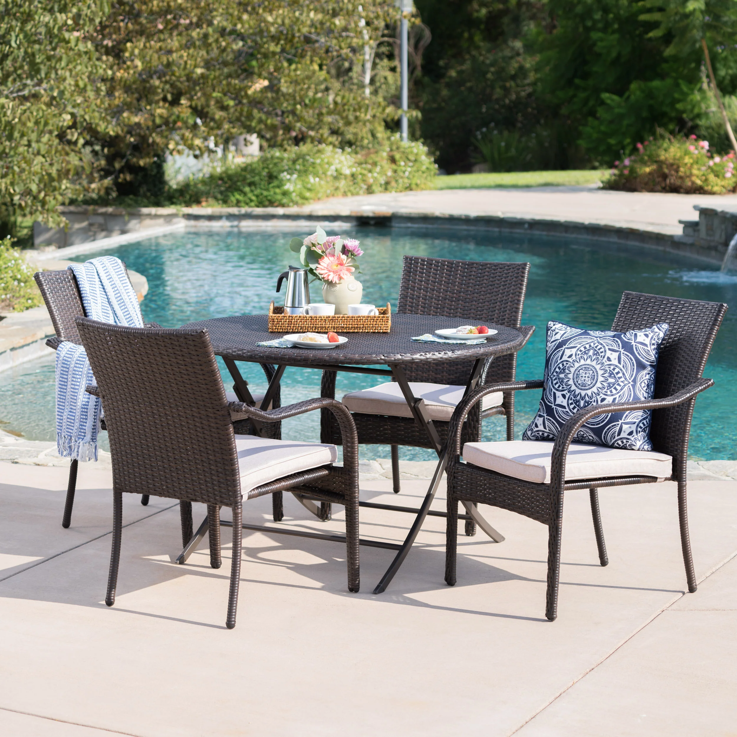 Toluca Outdoor 5 Piece Foldable Table and Stacking Chair Wicker Dining Set - furnishings