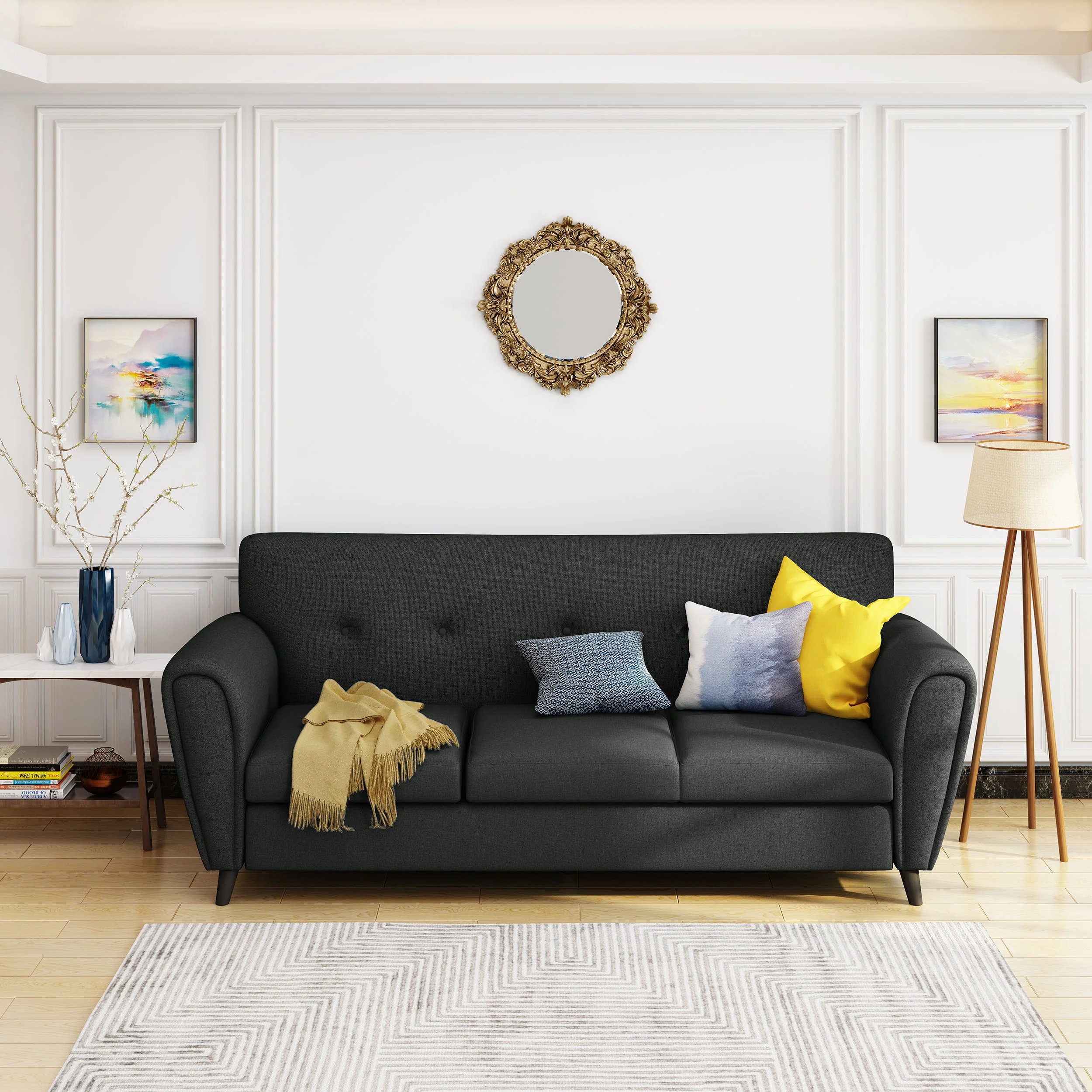 Emily Contemporary Button Tufted Fabric Upholstered Three-Seater Sofa - furnishings