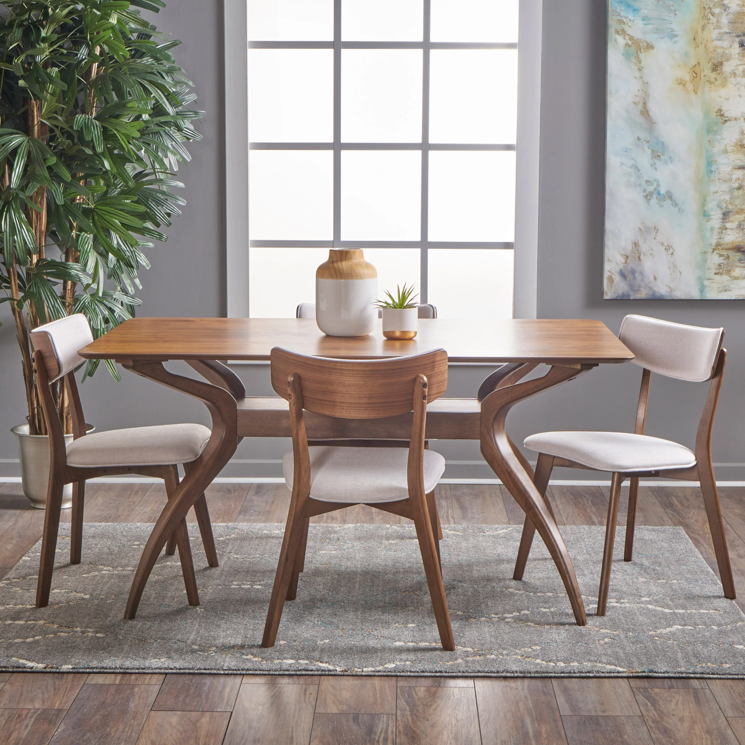 Nerron Mid Century Finished 5 Piece Wood Dining Set with Fabric Chairs - furnishings