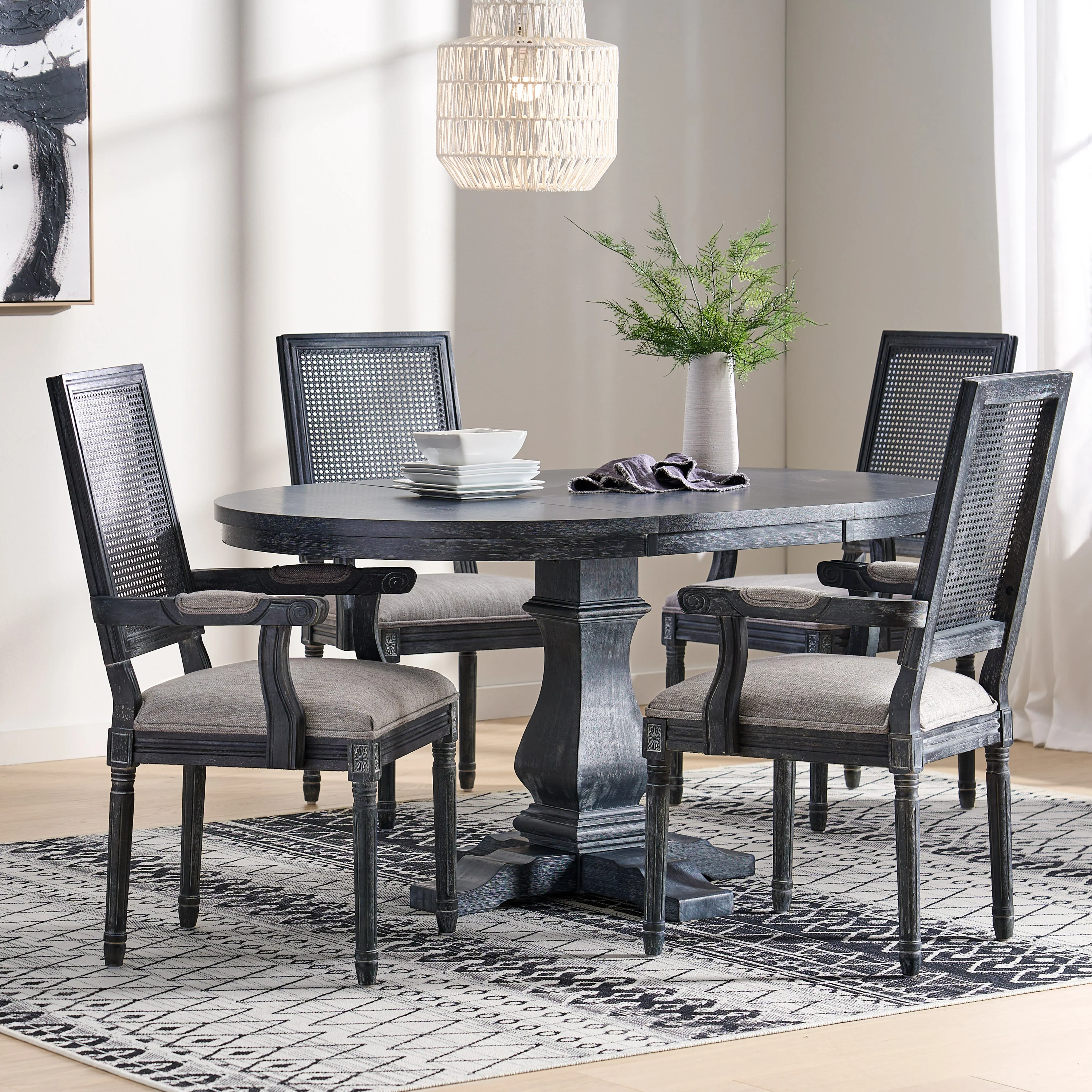 Zentner French Country Fabric Upholstered Wood and Cane 5 Piece Expandable Dining Set - furnishings