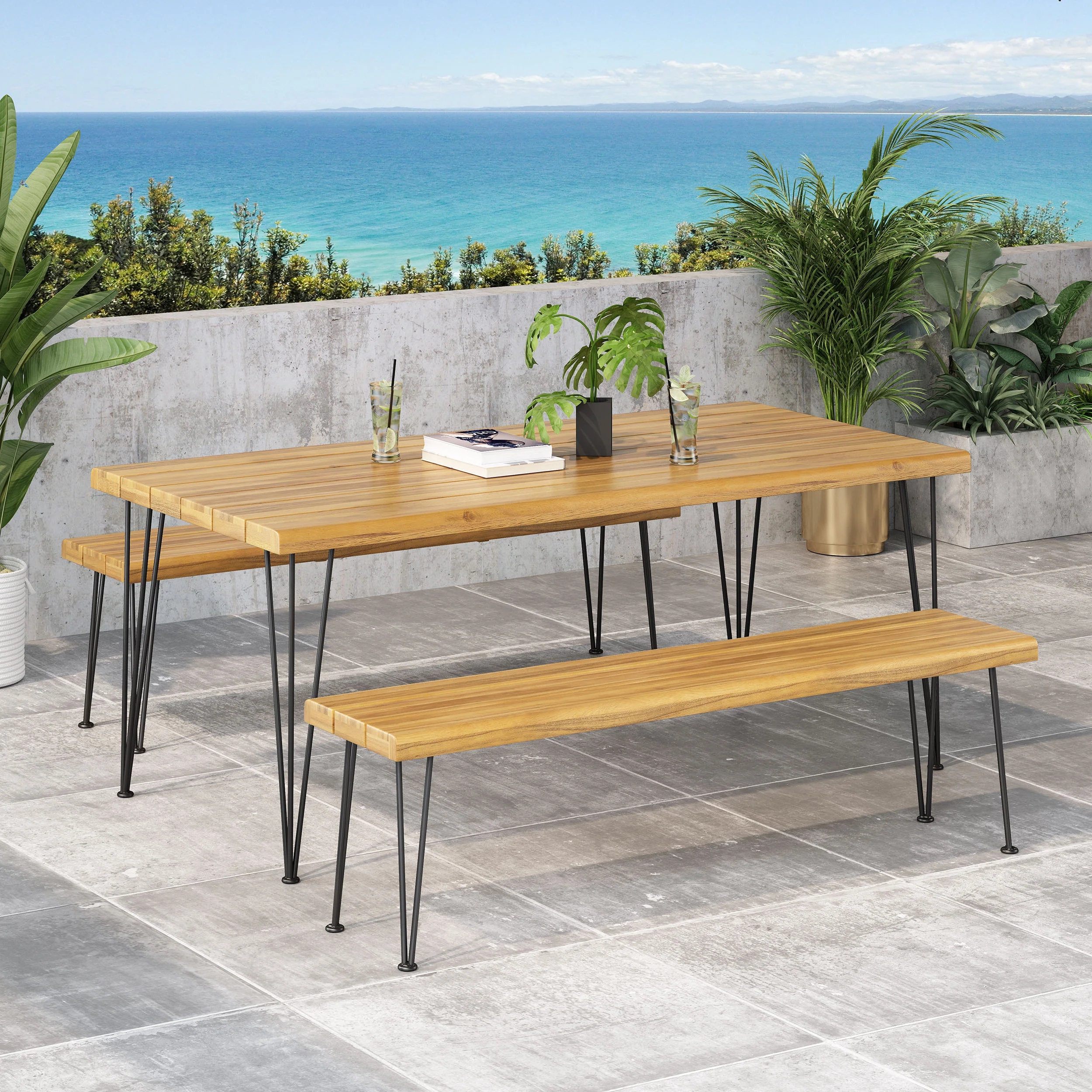 Zephyra Outdoor Modern Industrial 3 Piece Acacia Wood Picnic Dining Set with Metal Hairpin Legs - furnishings