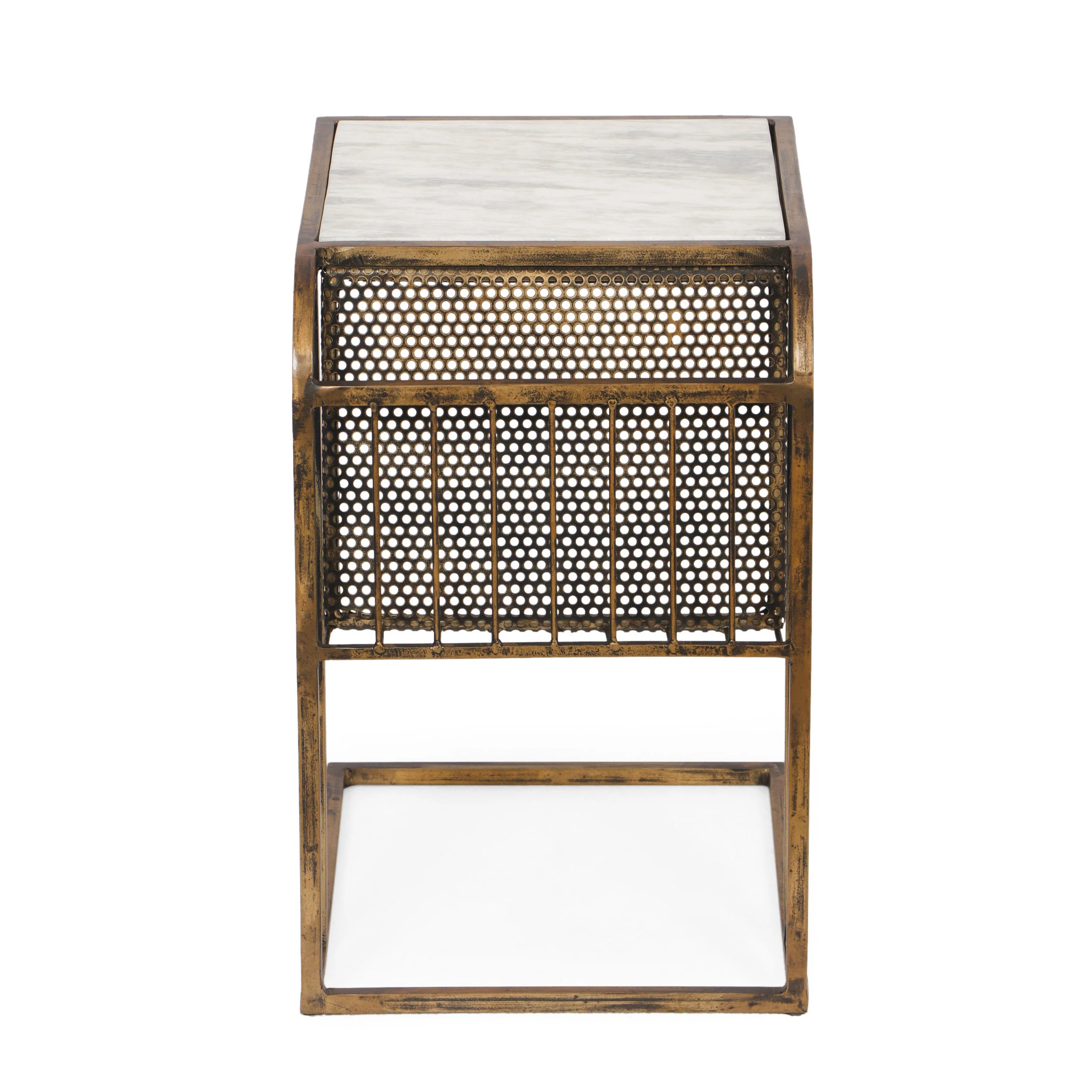 Billman Boho Glam Handcrafted Marble Top C-Shaped Side Table with Magazine Rack, Natural White and Antique Brass - furnishings